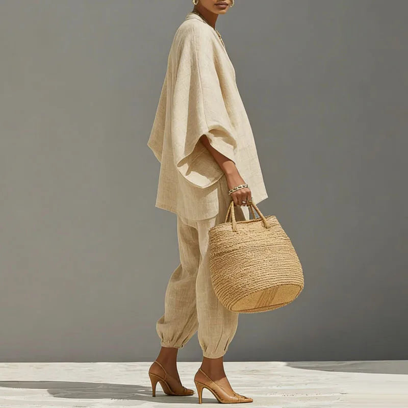 Conjunto de duas peças para mulher - pulôver de corte largo - estilo boémio de verão