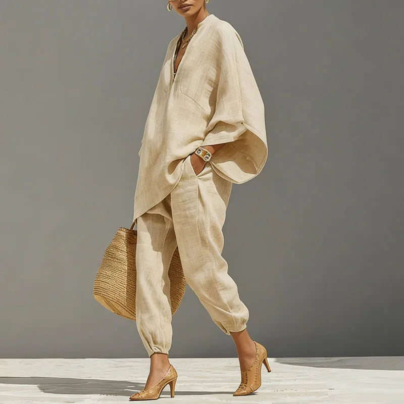 Conjunto de duas peças para mulher - pulôver de corte largo - estilo boémio de verão