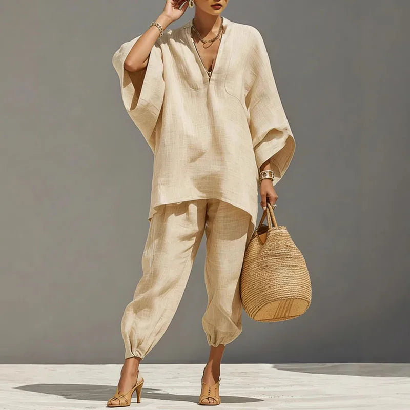 Conjunto de duas peças para mulher - pulôver de corte largo - estilo boémio de verão