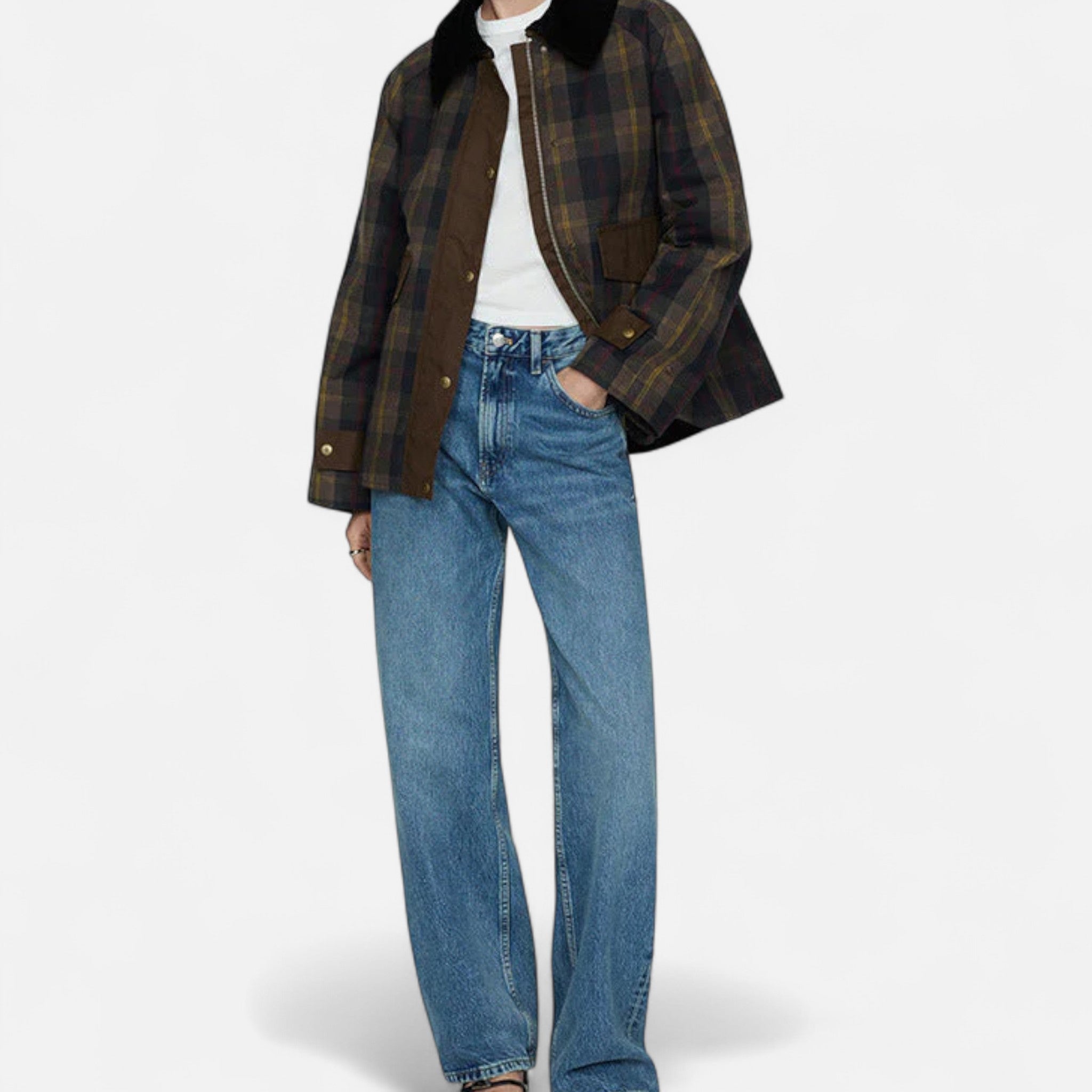 Ancienne Monde | Veste à Carreaux pour Femme – Col en Fausse Fourrure Douce