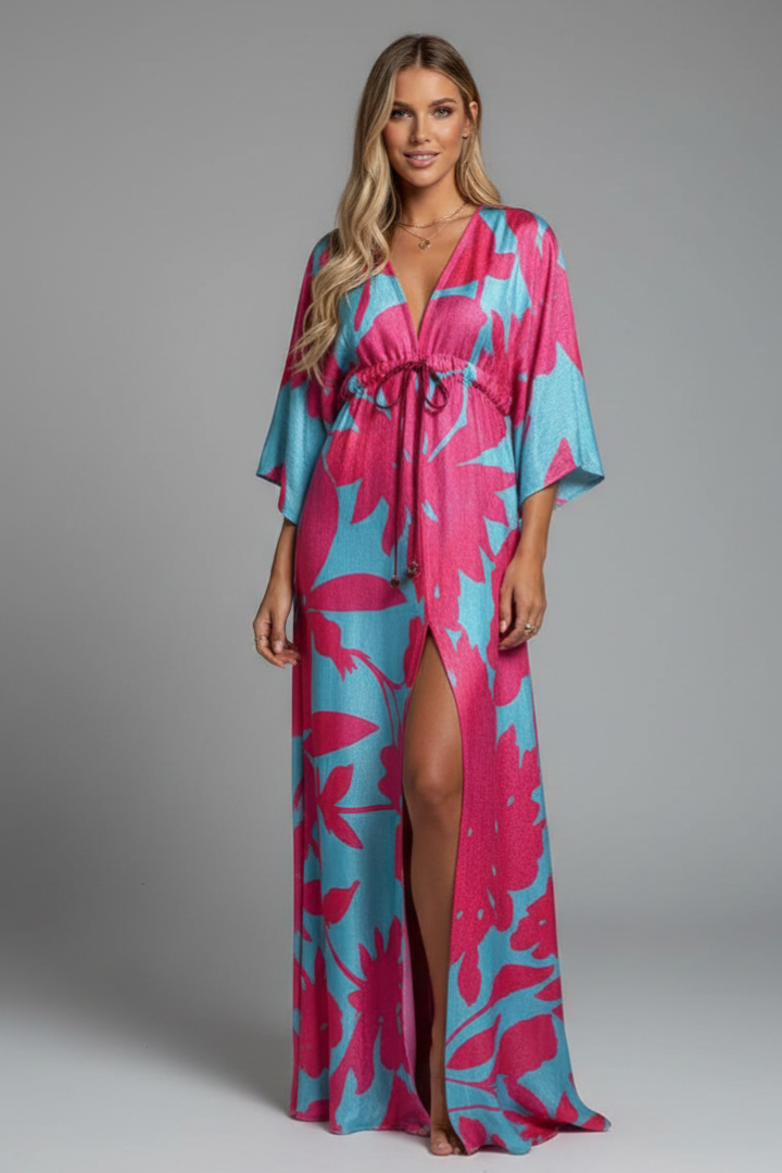Long dress for women — loose fit printed with drawstring | vacation