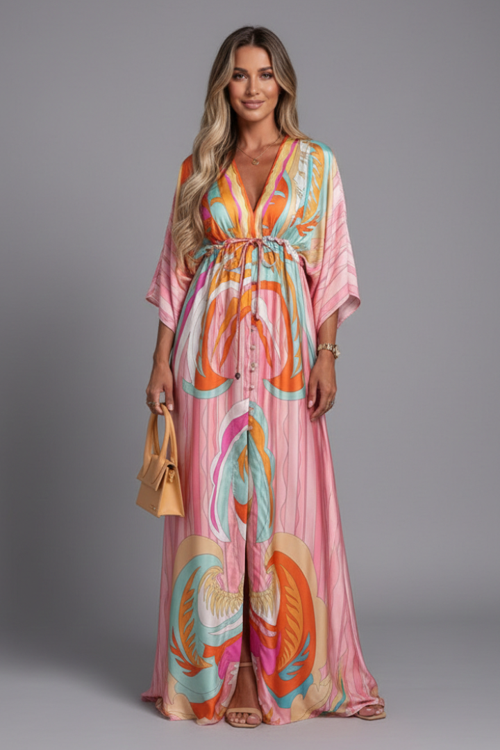 Long dress for women — loose fit printed with drawstring | vacation