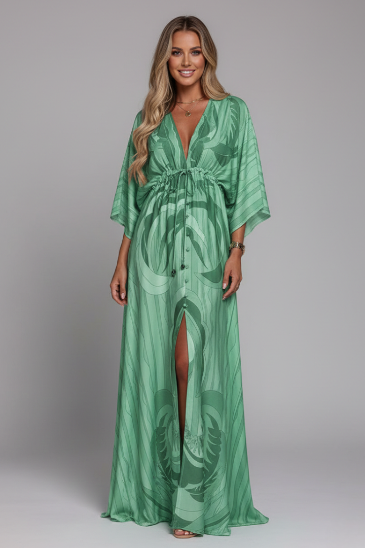 Long dress for women — loose fit printed with drawstring | vacation
