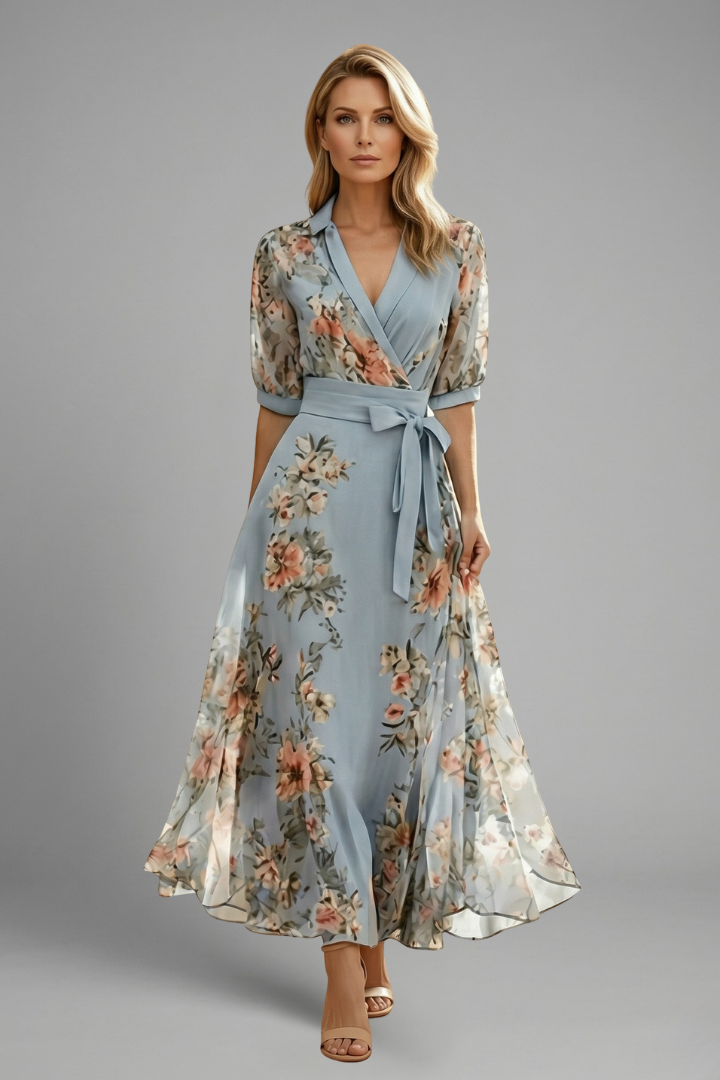 Mid-length dress for women — flared model with floral print printed