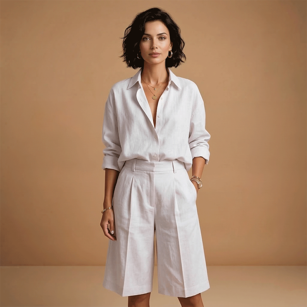 Damen-Set aus Bluse und kurzer Hose – plissiertes Ensemble mit Taschen | Urlaub