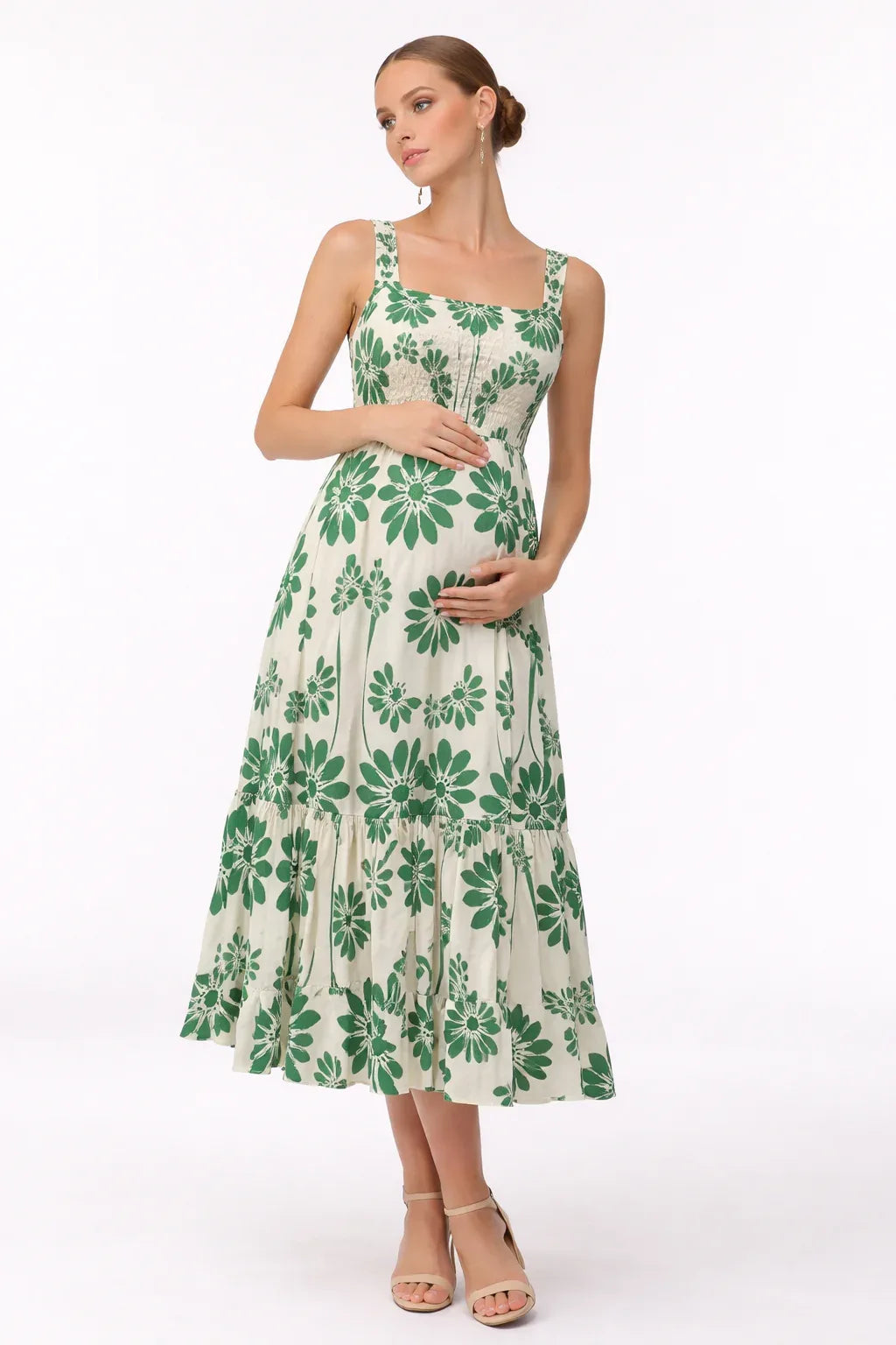 Midi Maternity Dress with Floral Print and Smocked Back