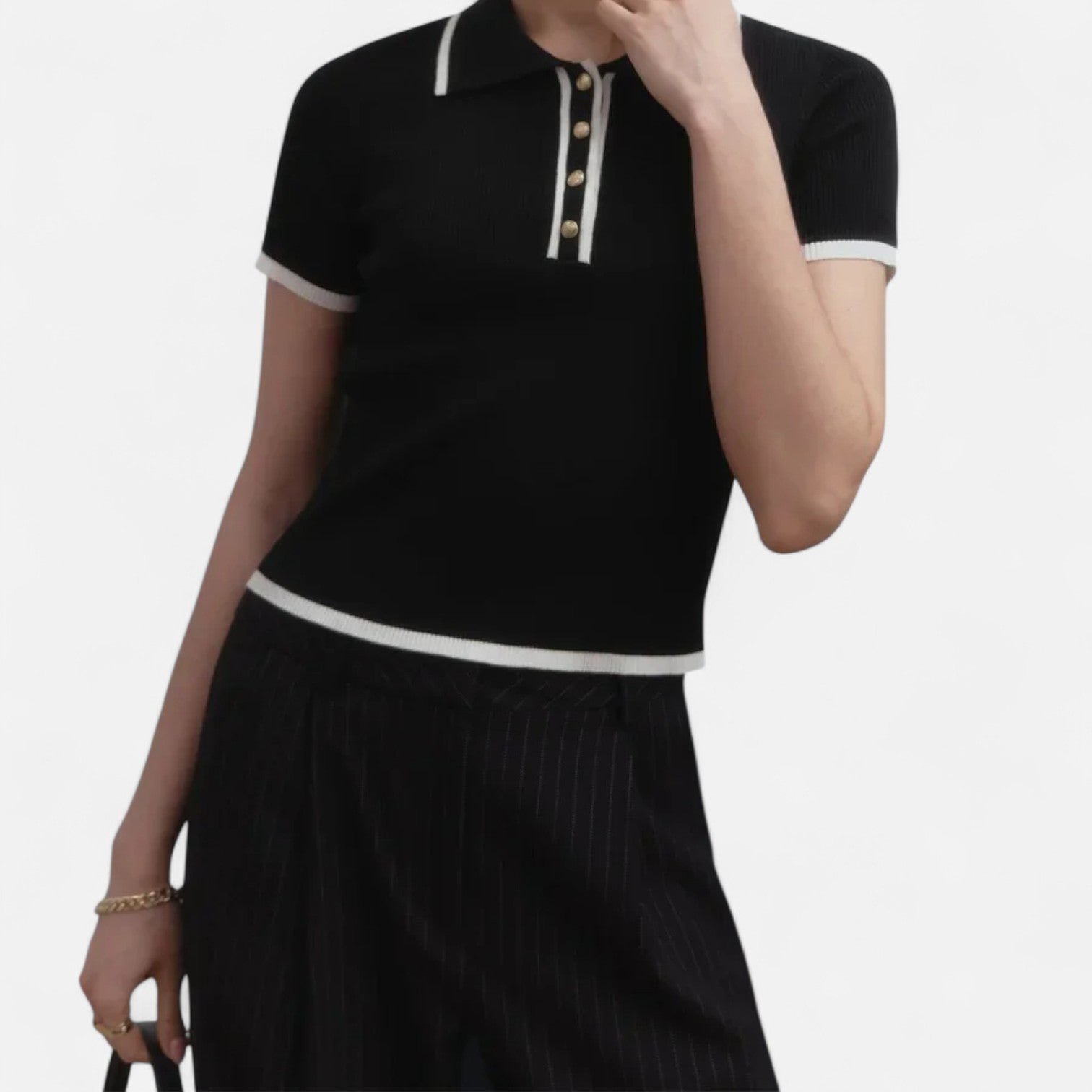 Ancienne Monde | Pull en Maille avec Revers Contrasté pour Femme – Élégant Haut à Manches Courtes