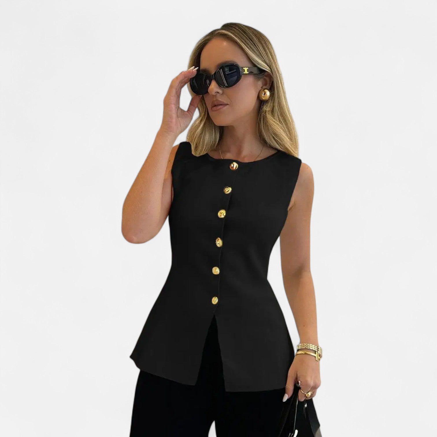 Ancienne Monde | Gilet Sans Manches Doré pour Femme – Cardigan Col V Ajusté pour l’Automne