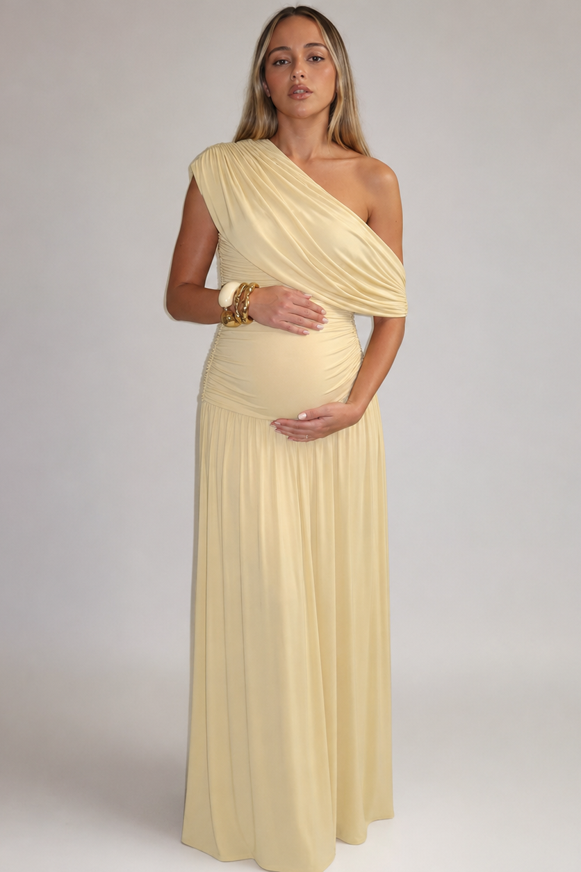 Elegant asymmetrisk lang graviditetskjole