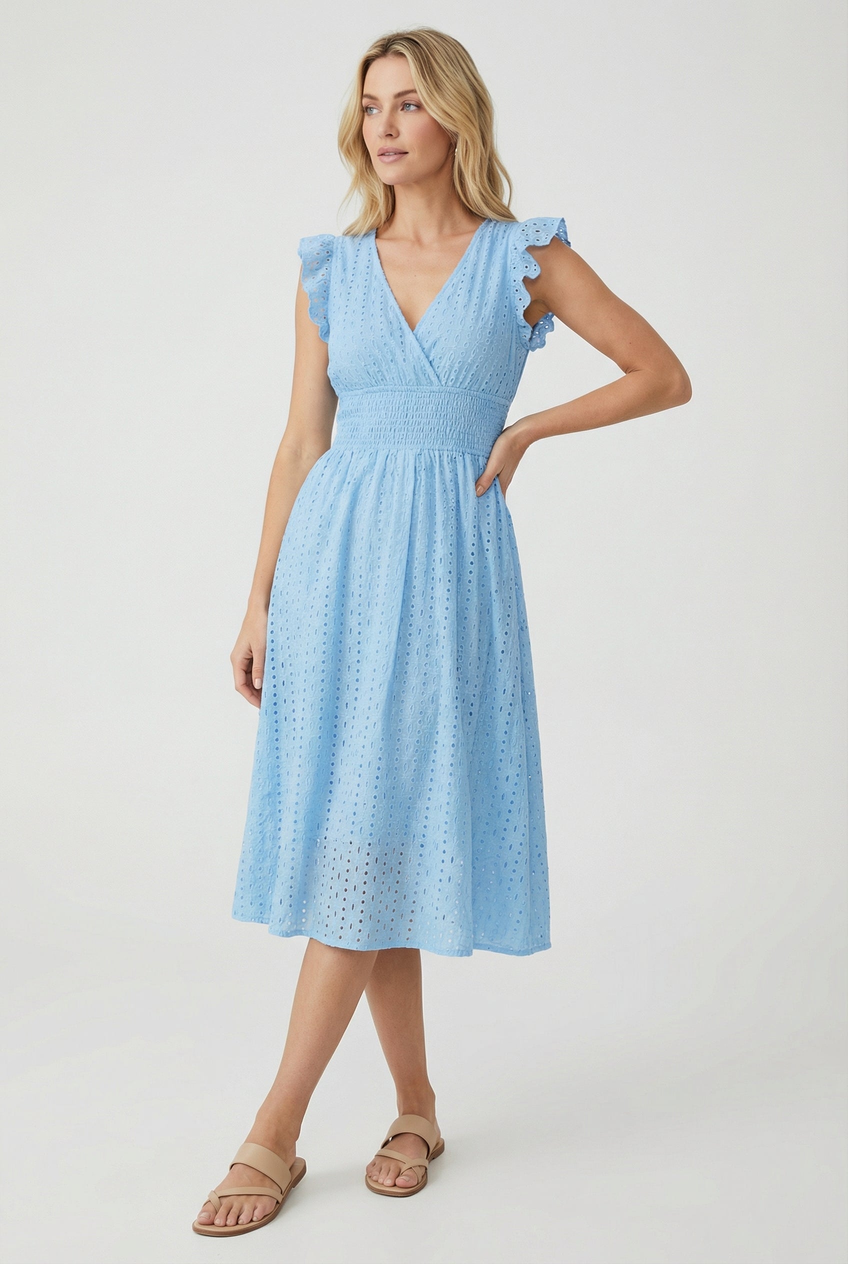 Mid-length women's garment - openwork trapeze dress with smocked waist | vacation