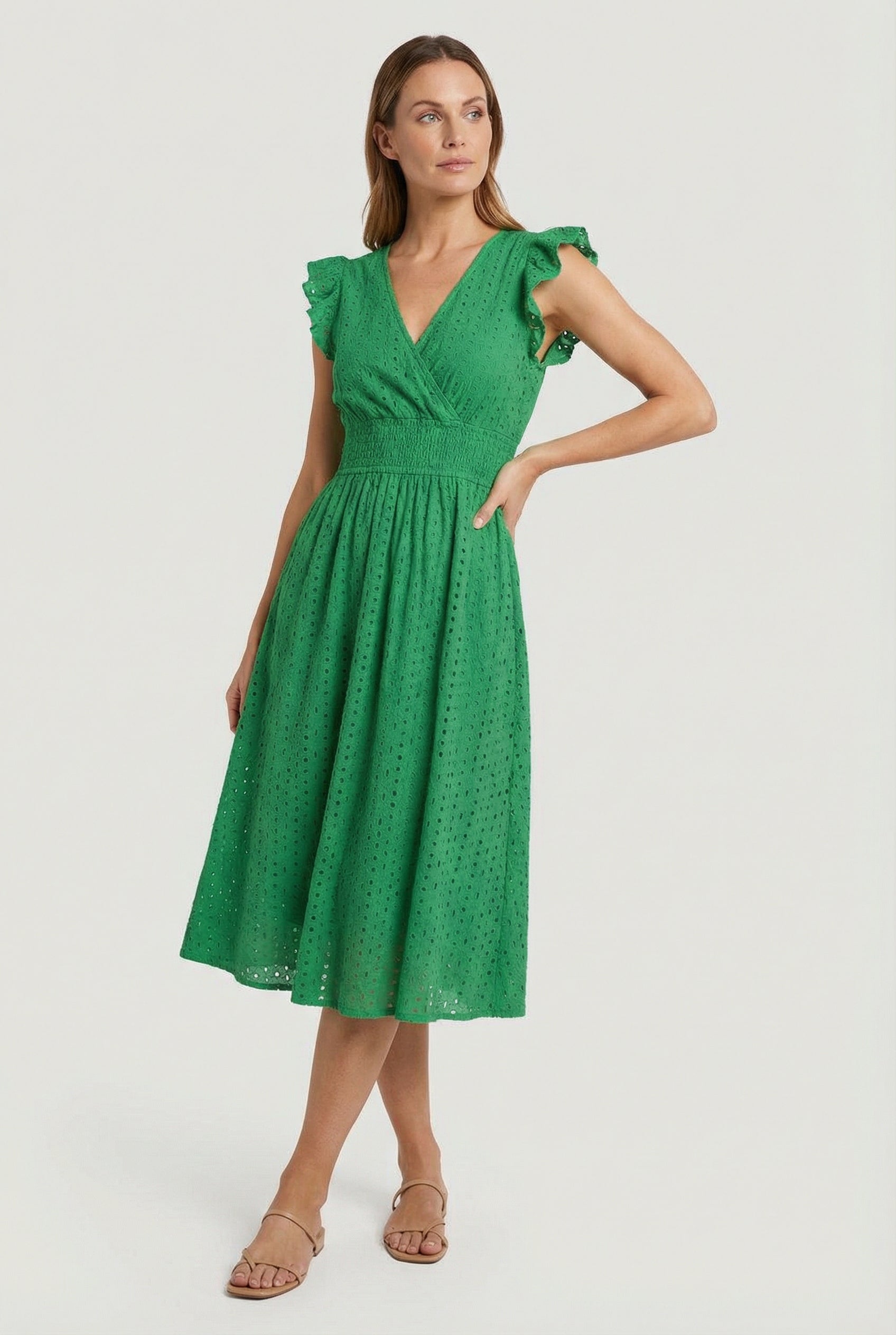 Mid-length women's garment - openwork trapeze dress with smocked waist | vacation