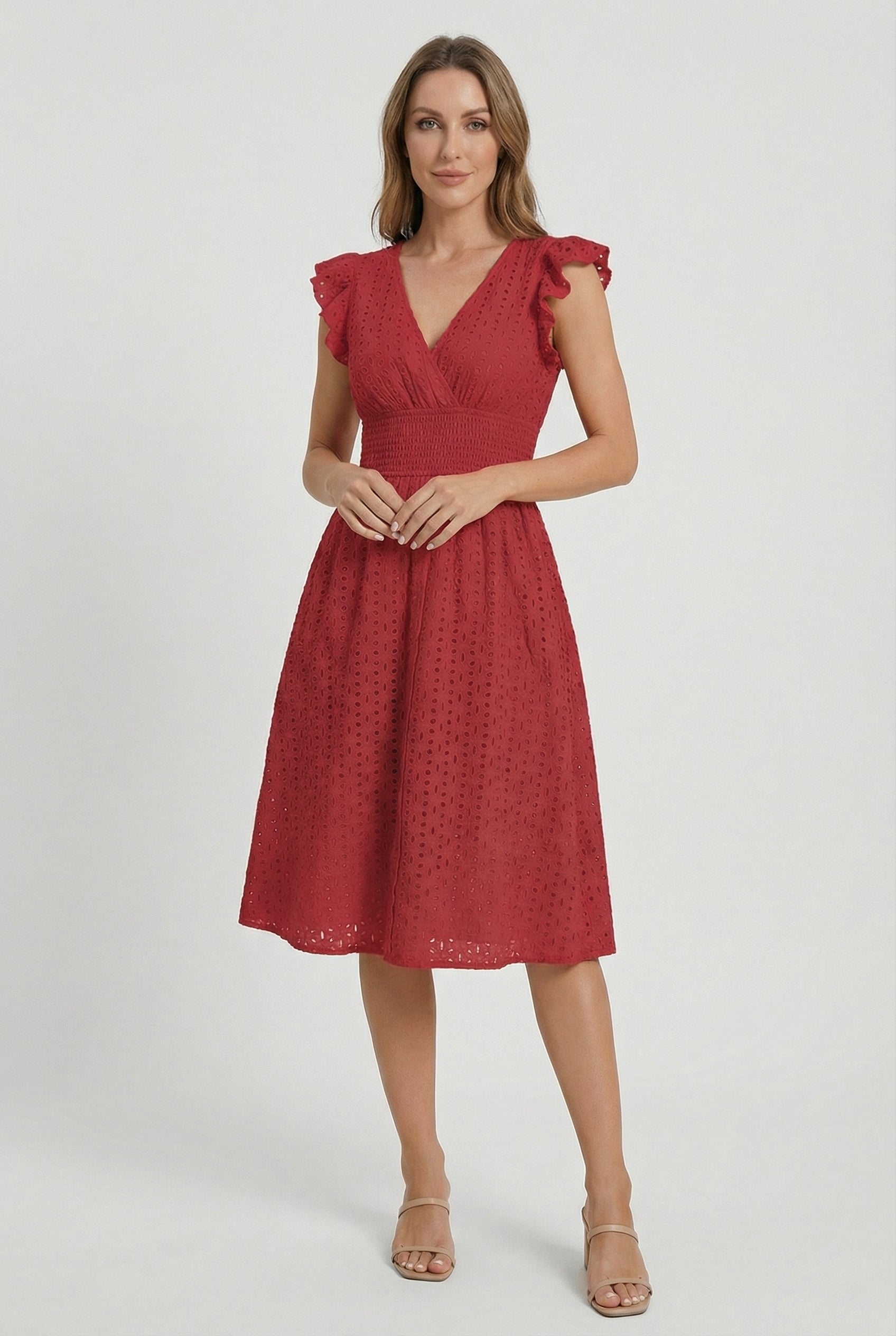 Mid-length women's garment - openwork trapeze dress with smocked waist | vacation