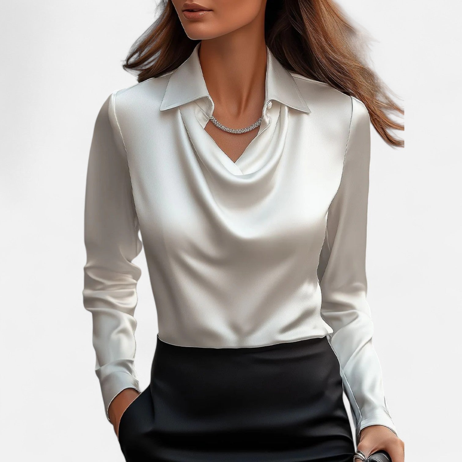 Ancienne Monde | Blouse Blanche en Satin Femme – Encolure Drapée, Élégance Intemporelle