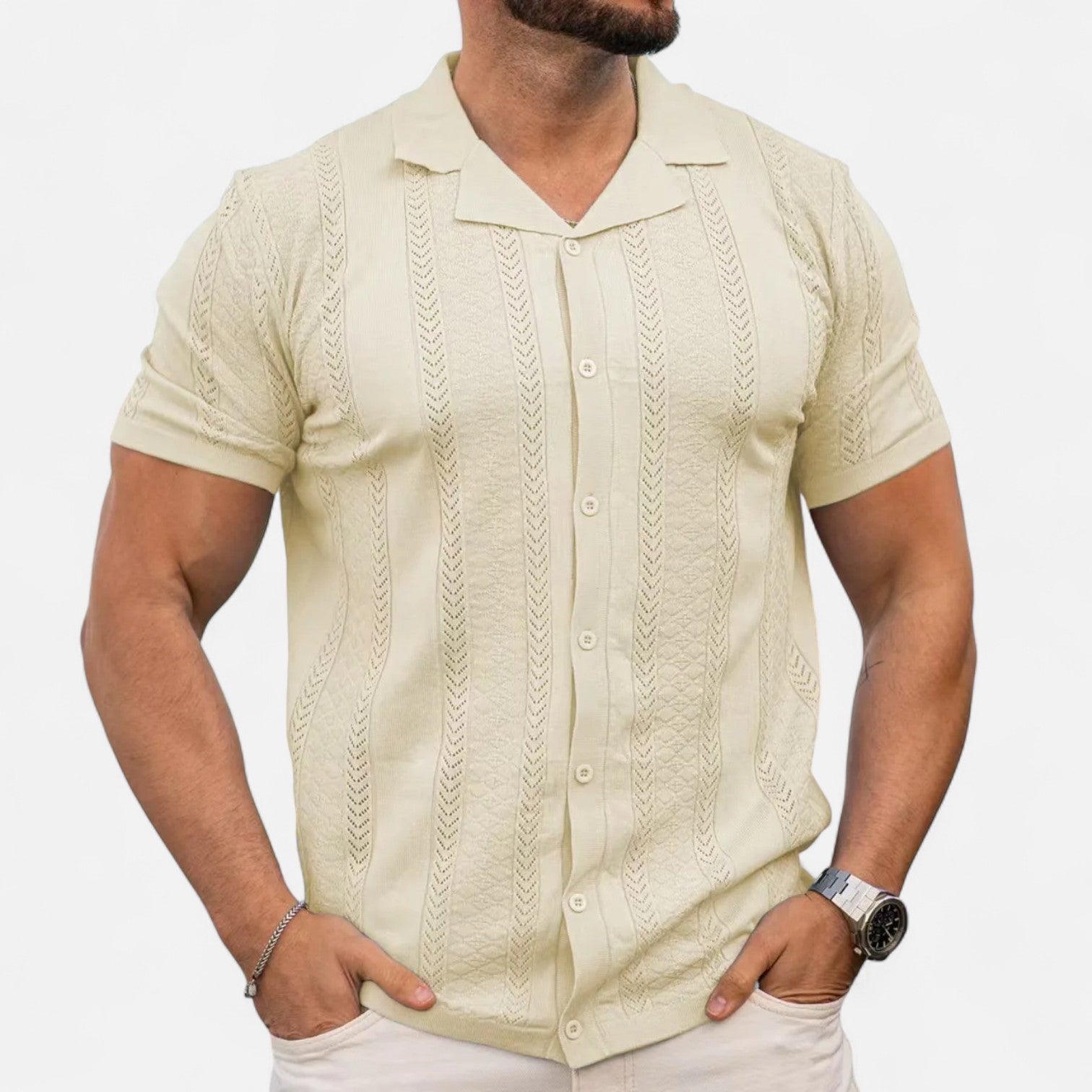 Ancienne Monde | Chemise en Maille Rayée Patchwork pour Homme – Texture Contemporaine