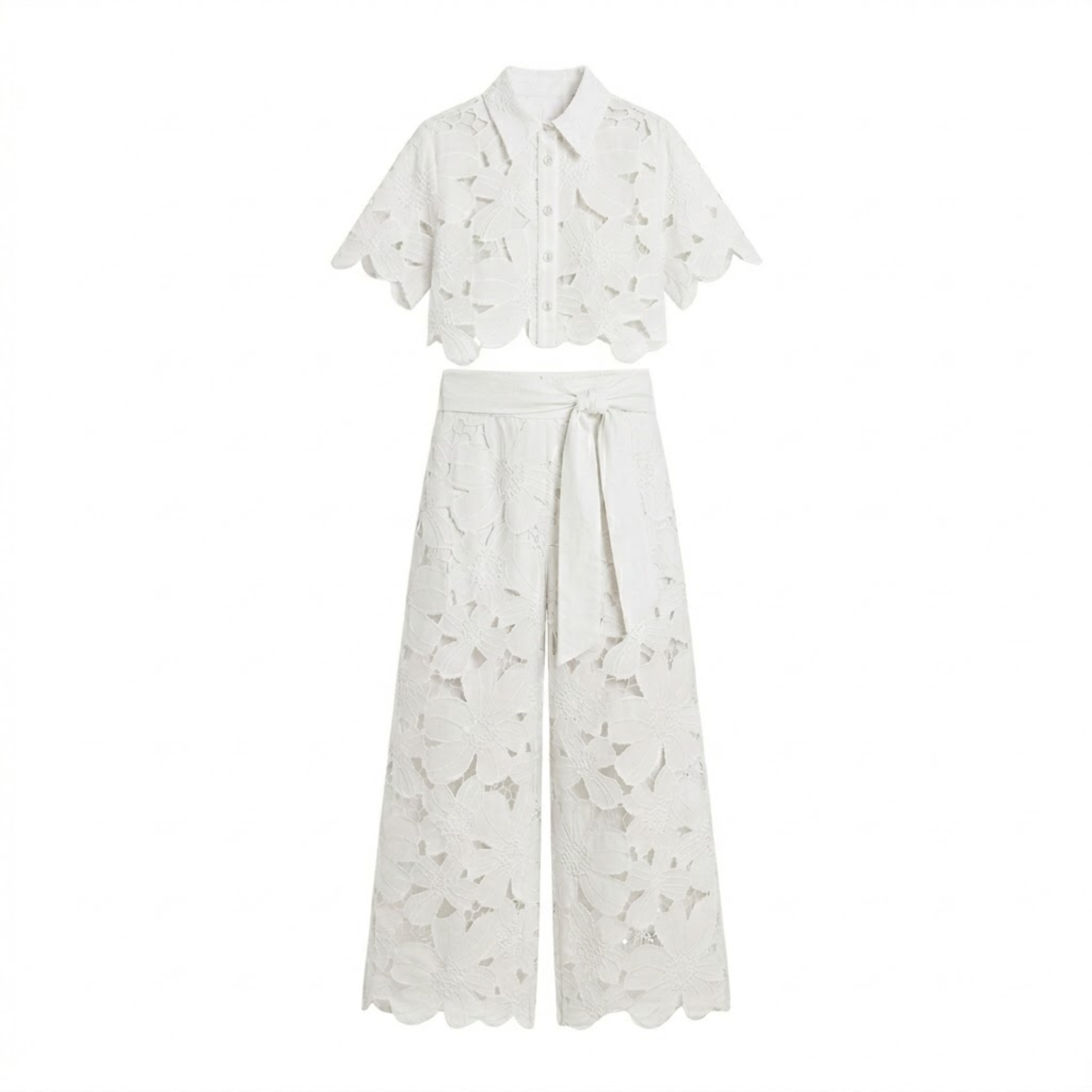 Women's Two-Piece Set with Lace Crop Top and Wide-Leg Pants
