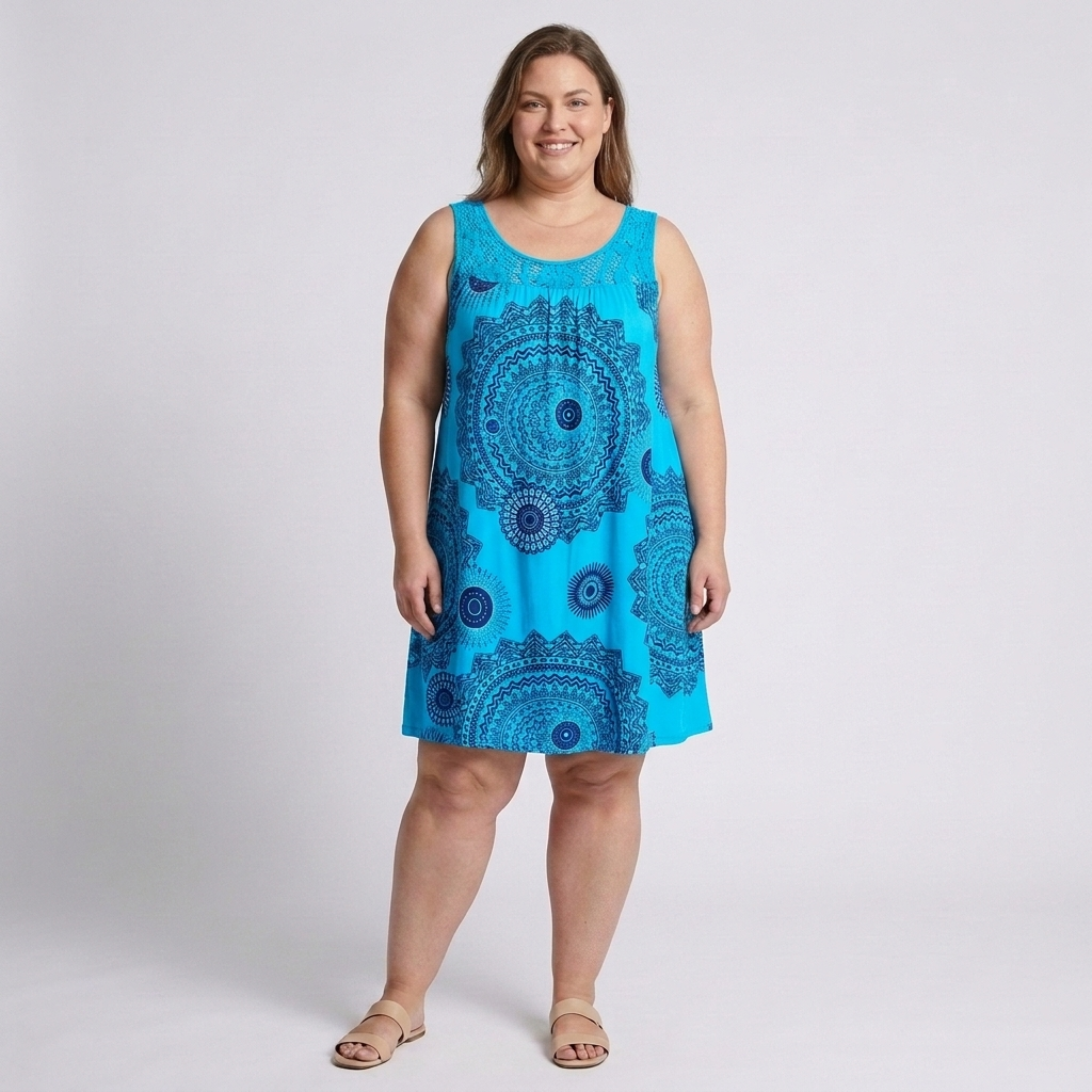 Robe d'été grande taille pour femme en coton imprimé vintage avec détails en dentelle