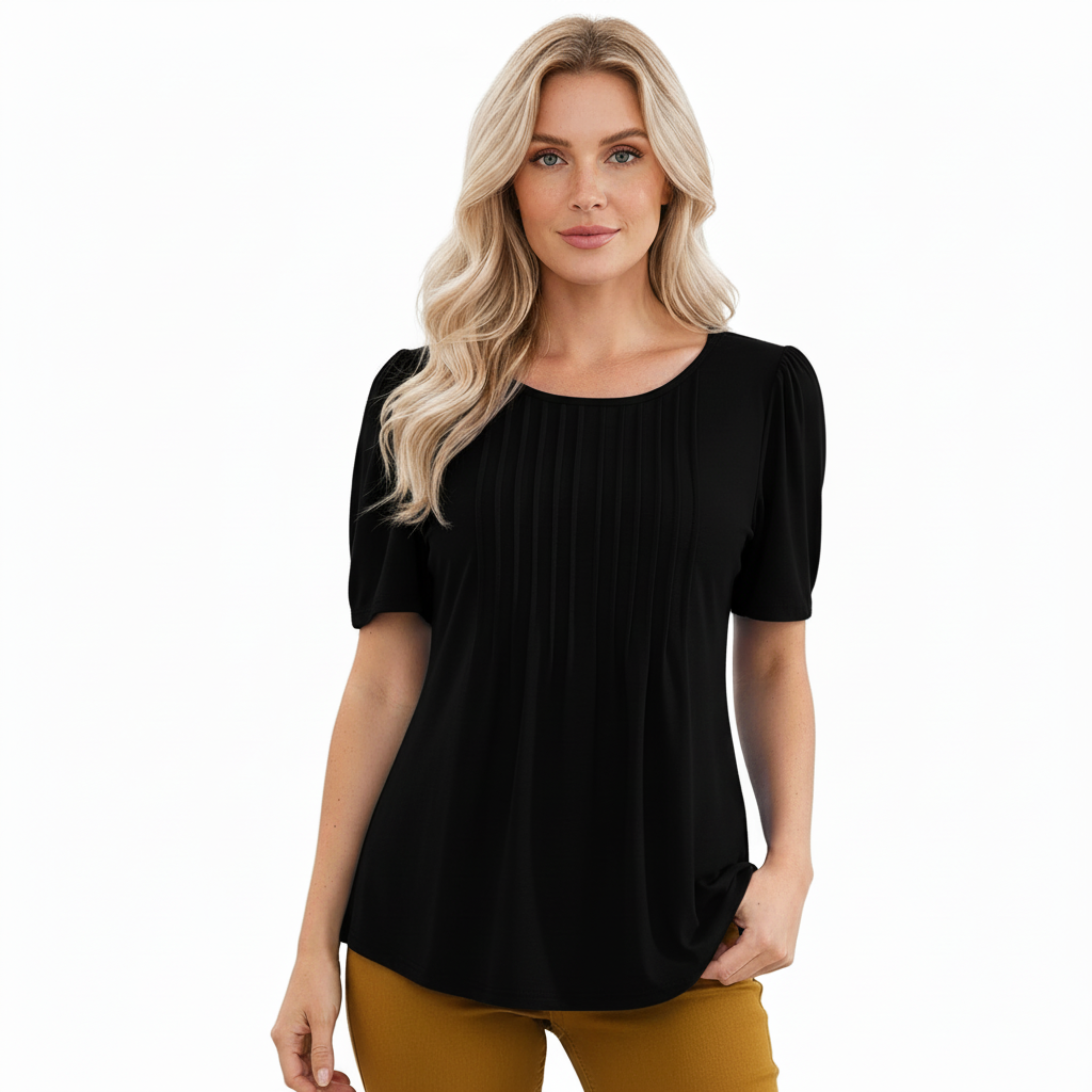 Camiseta de manga corta para mujer con cuello redondo acampanado y detalles plisados