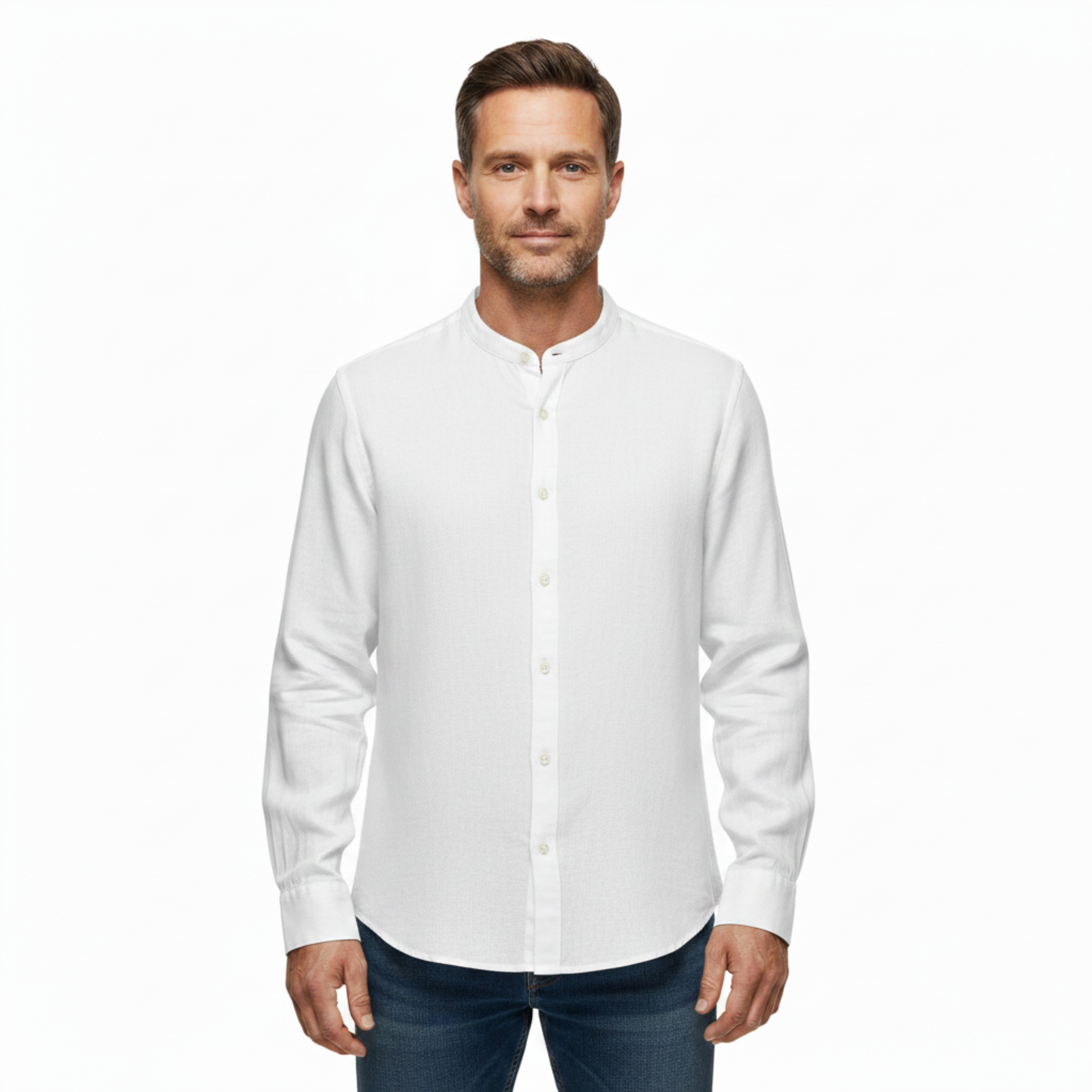 Camisa de lino para hombre con cuello clásico y mangas largas ajustables