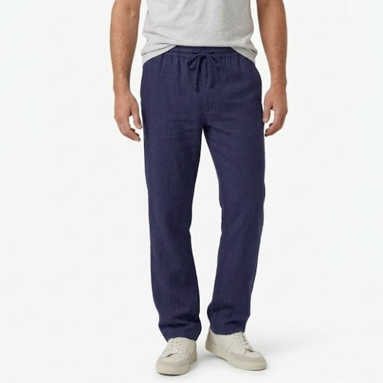 Cotton and Linen Pants for Men with Elastic Waist and Back Pockets