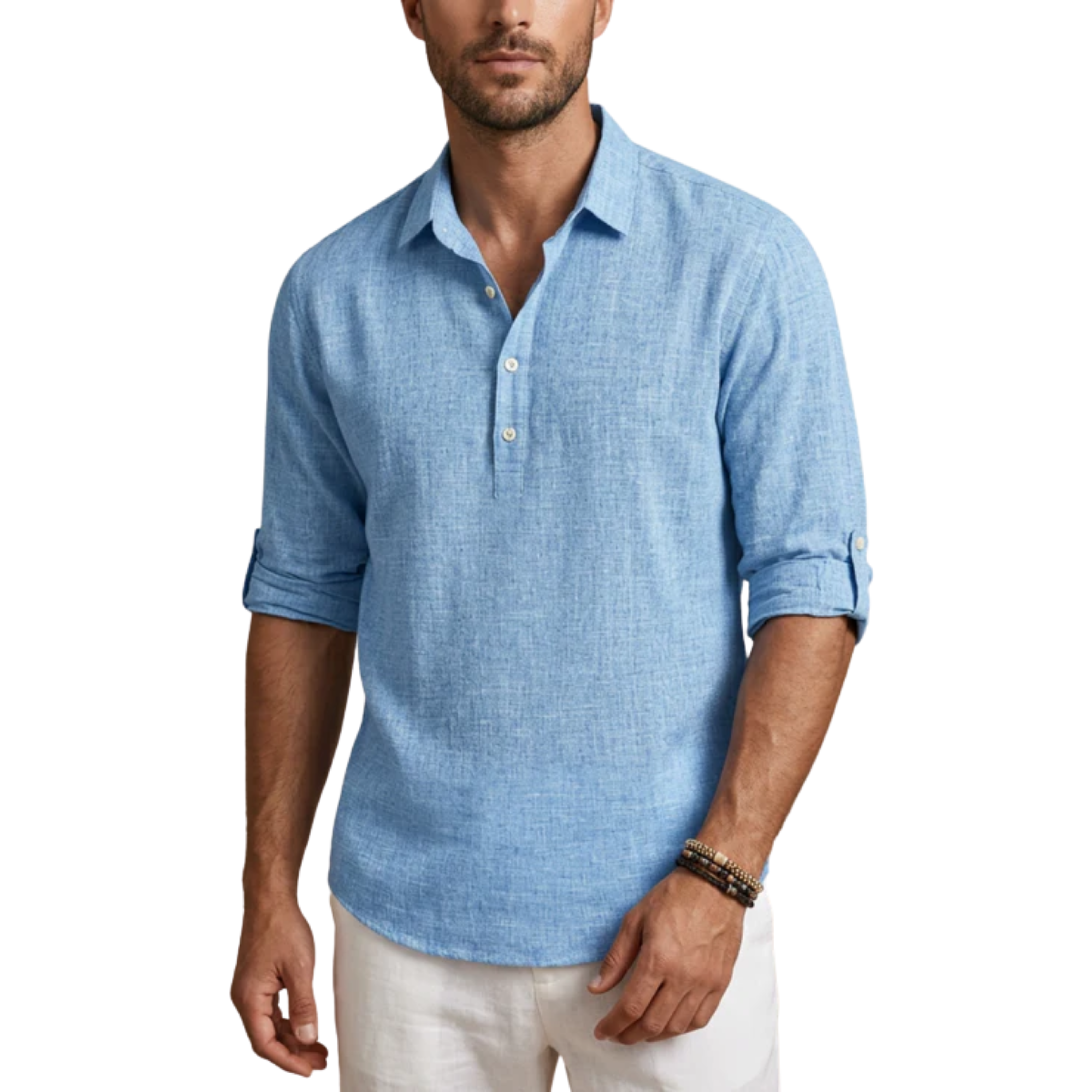 Men's short-sleeve polo — breathable linen blend — vacation