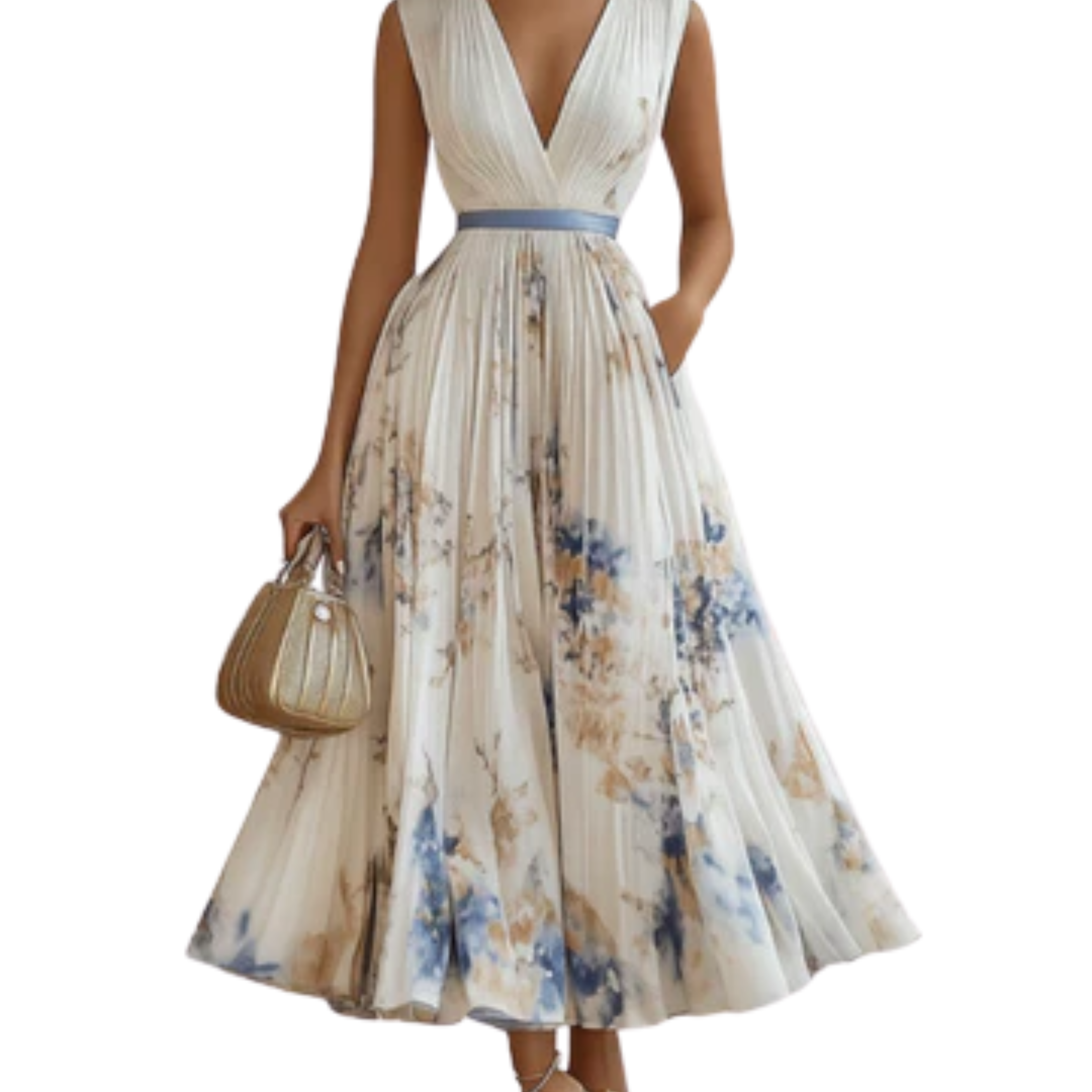 Mid-length floral dress — V-neck and pleated skirt with pockets — vacation