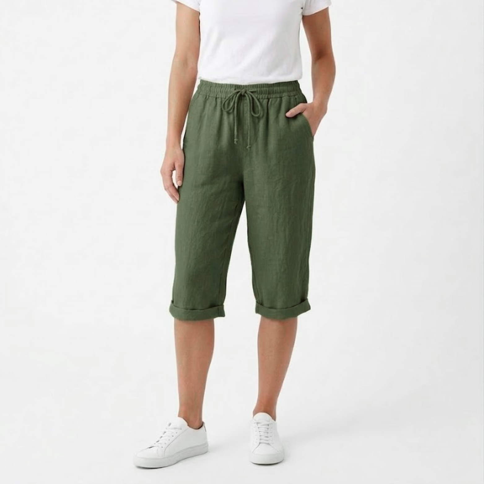 Pantaloni scurți din bumbac și in cu talie elastică și buzunare pentru femei