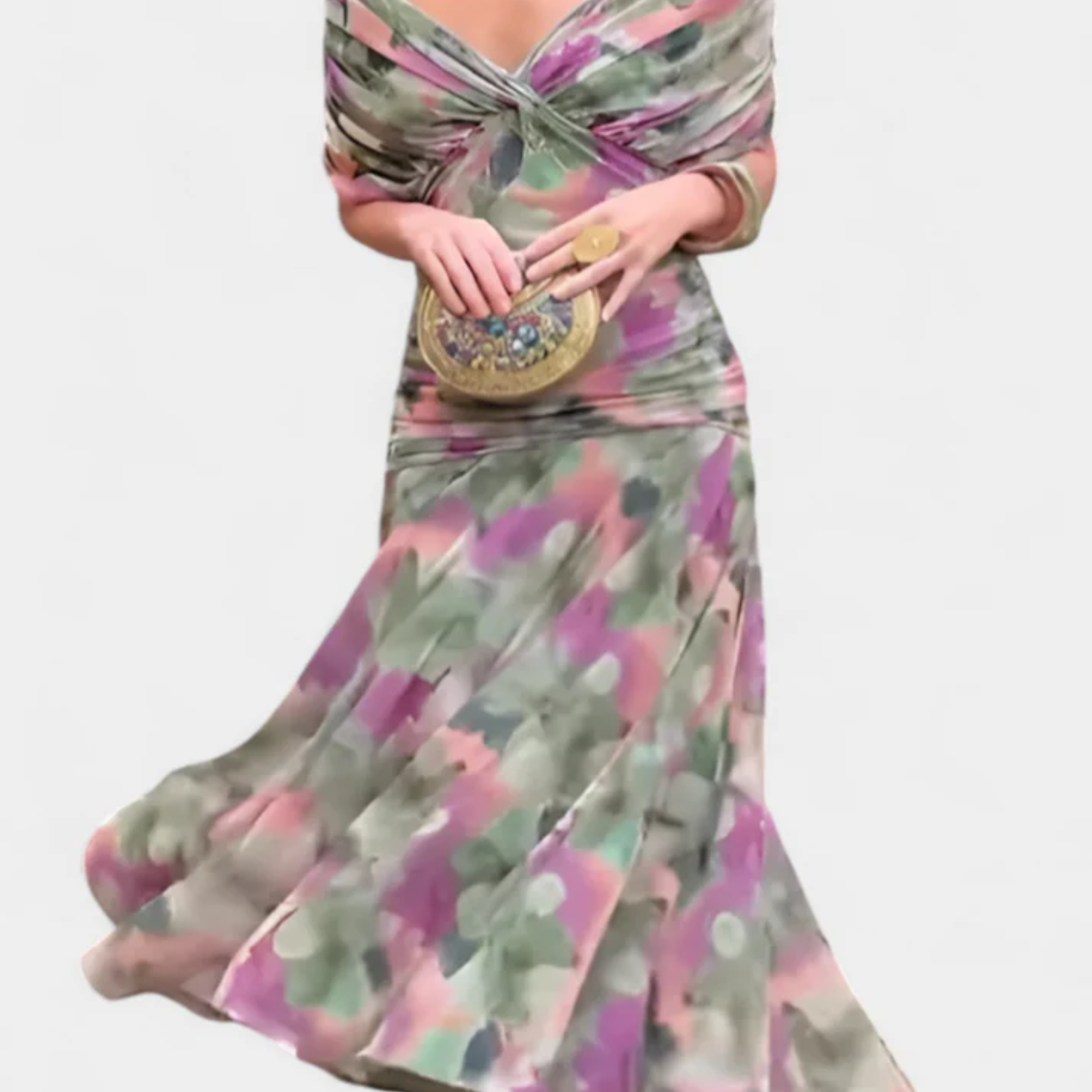 Flared maxi dress — V-neck and flutter sleeves — ceremony