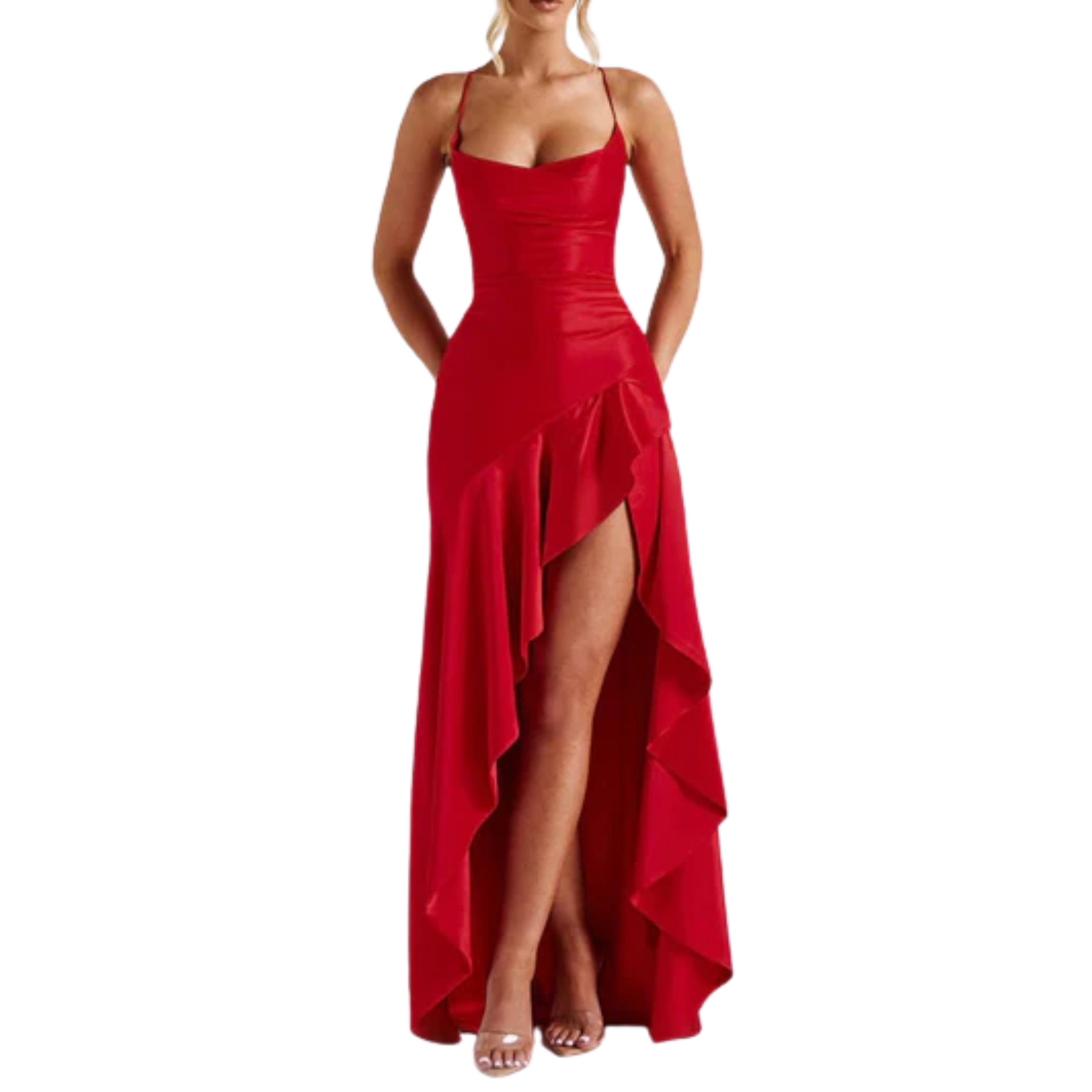 Vestido largo de mujer — satén con dobladillo asimétrico y volantes | noche elegante