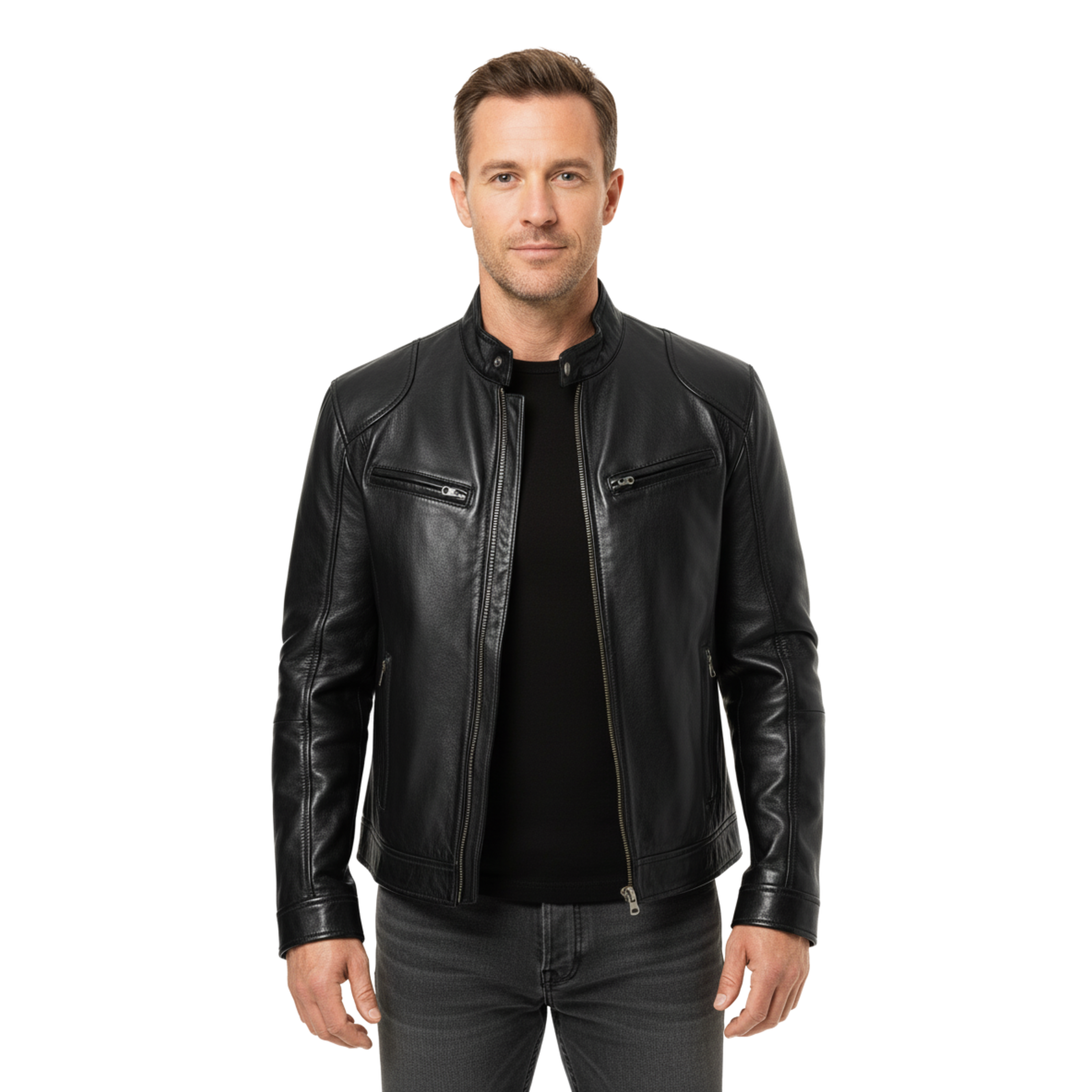 Herre lædervest med officerkrave og lynlåslommer, tætsiddende pasform