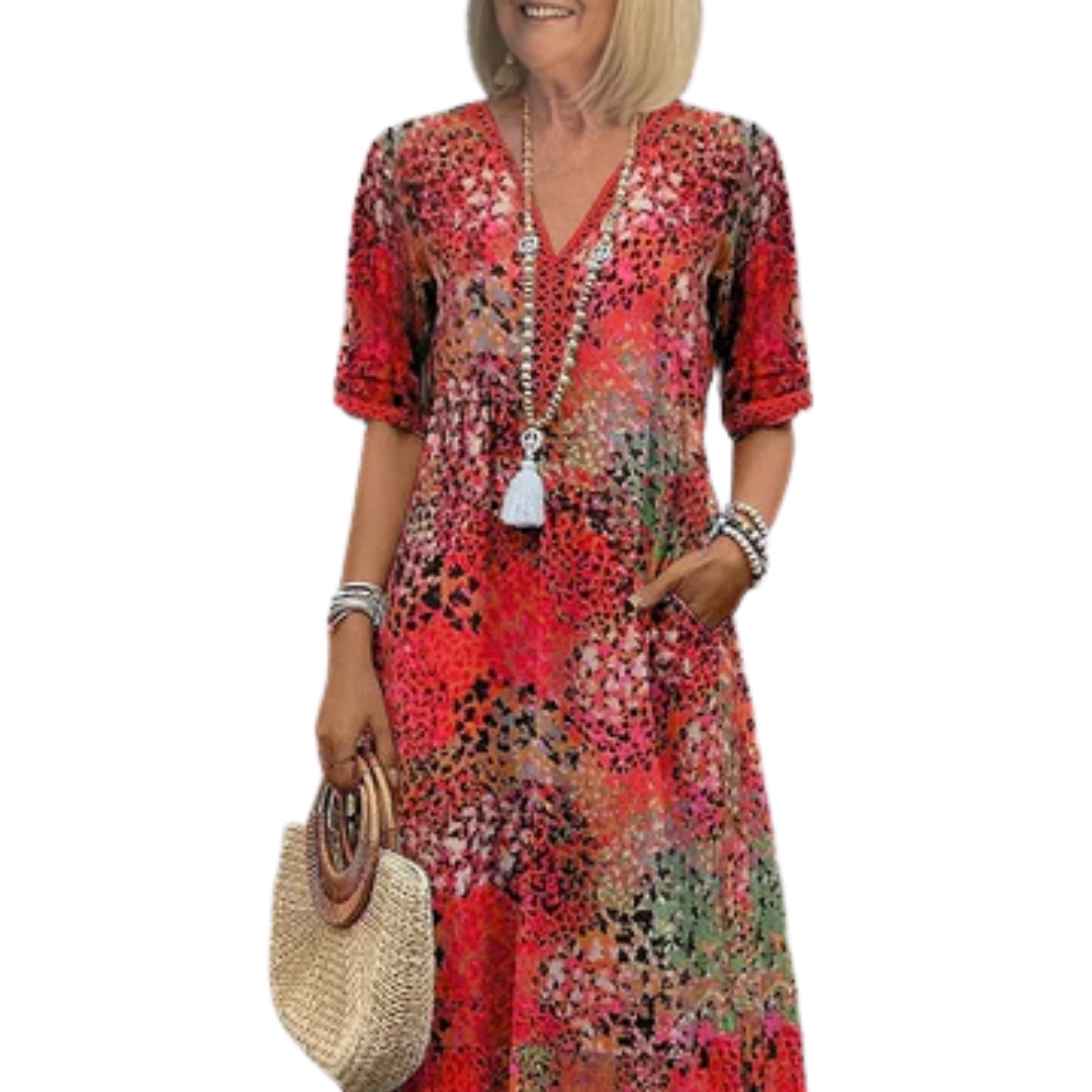 Women's mid-length flared dress — printed pattern and V-neck — casual