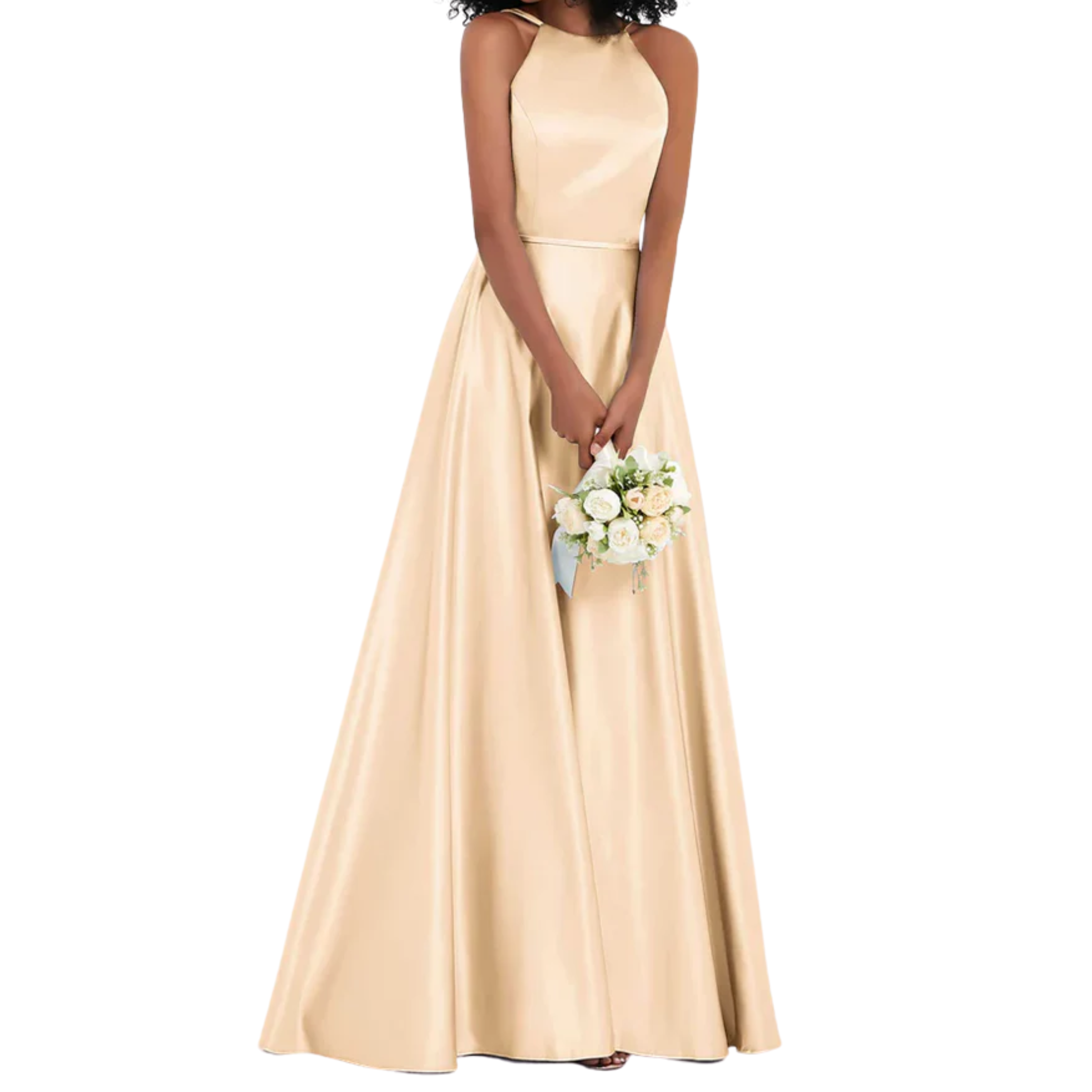 Vestido de ceremonia para mujer en satén brillante corte evasé con espalda descubierta