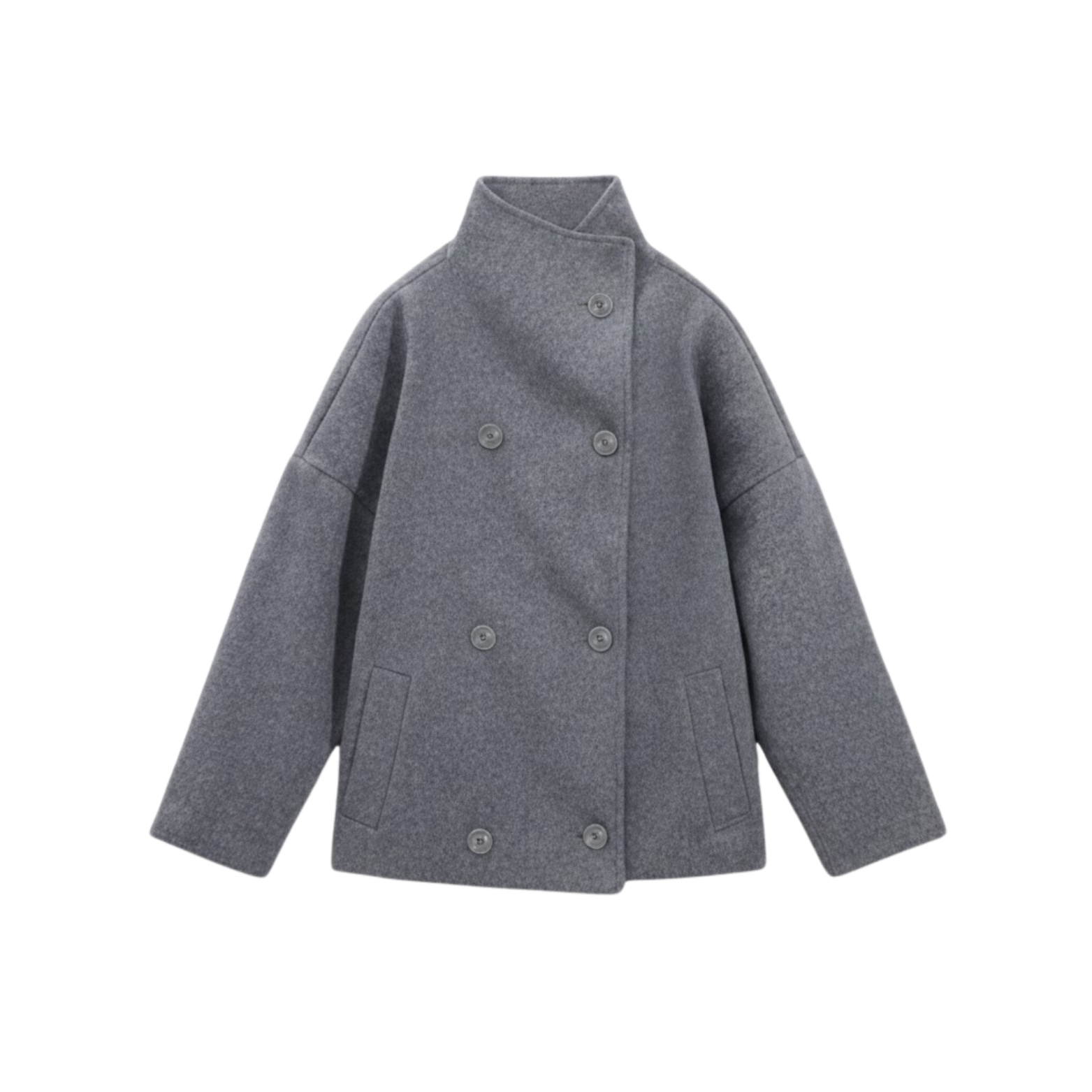 Women's winter coat in wool with a stand-up collar, single-breasted, loose fit and long sleeves