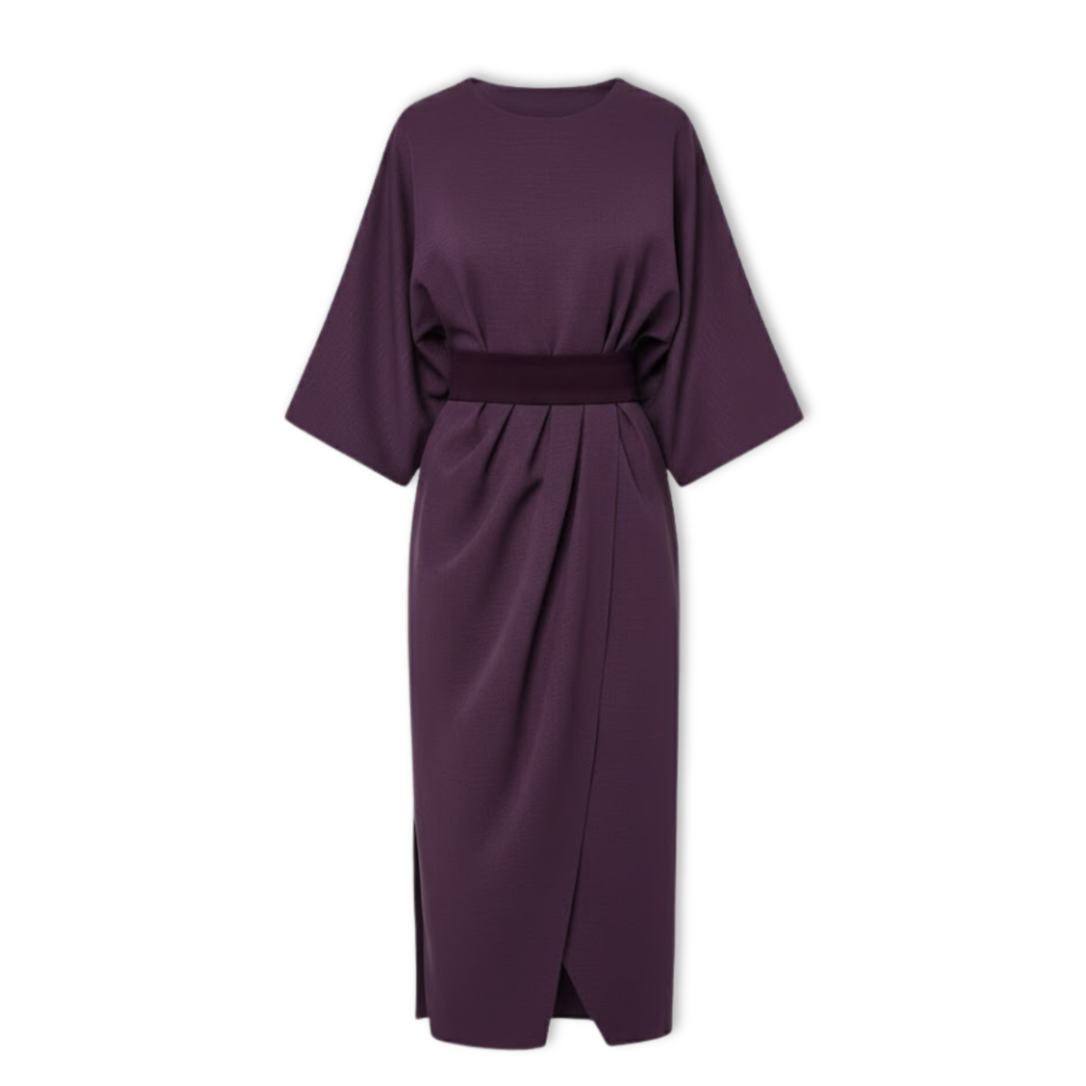 Long women's dress with batwing sleeves and a fitted waist, flowing silhouette