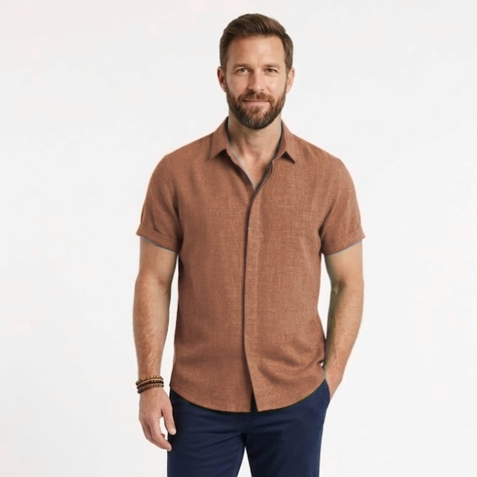 Chemise en Coton et Lin à Manches Courtes avec Col Rabattu pour Homme