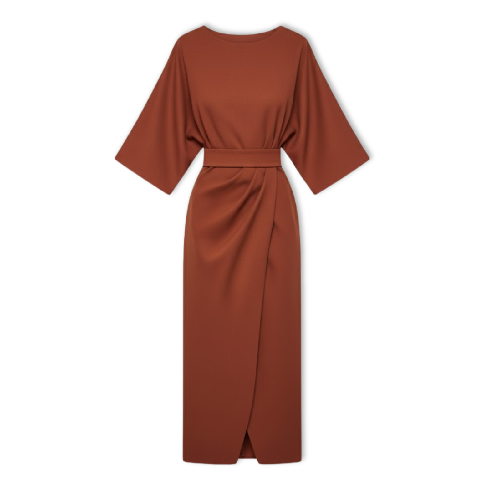 Long women's dress with batwing sleeves and a fitted waist, flowing silhouette