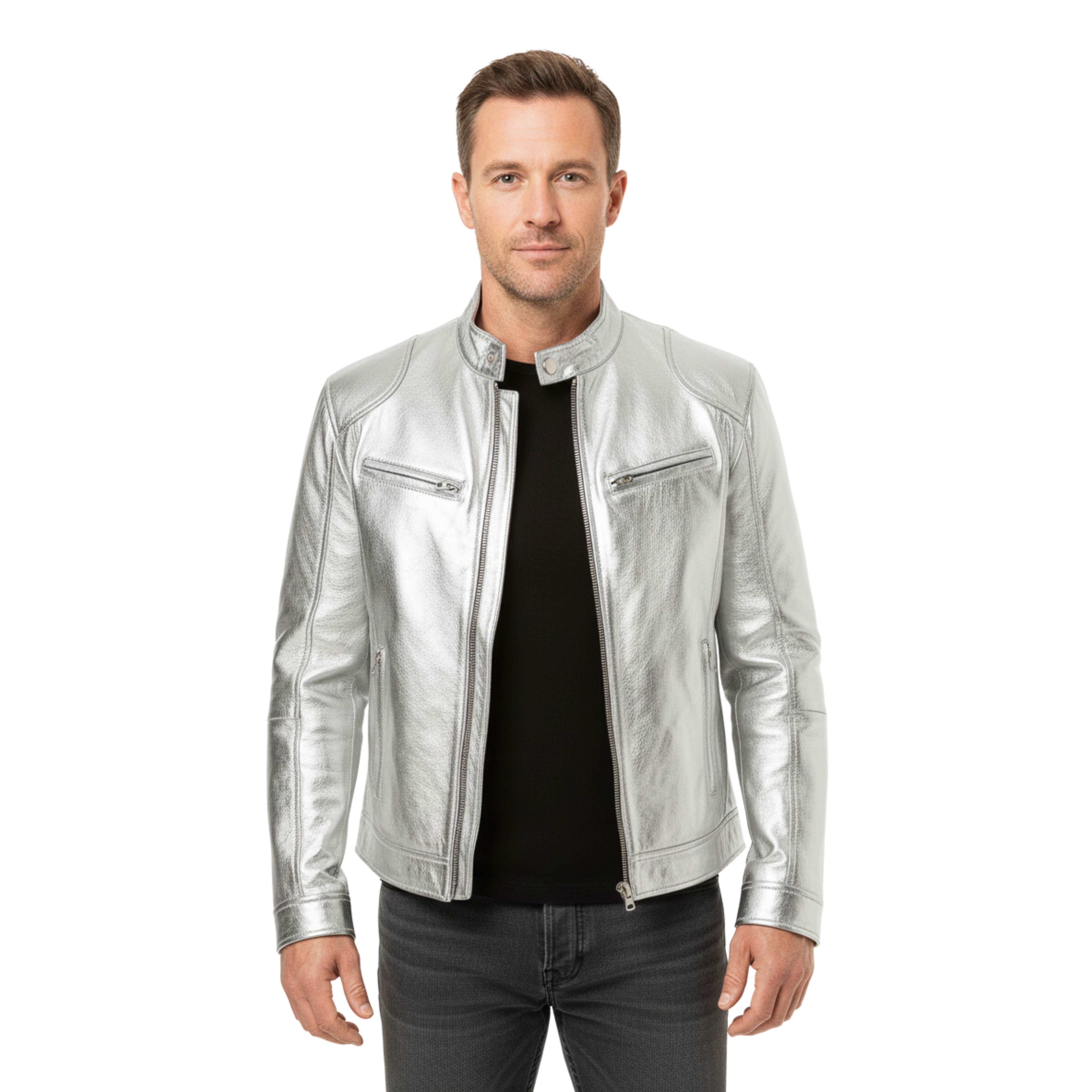 Herre lædervest med officerkrave og lynlåslommer, tætsiddende pasform