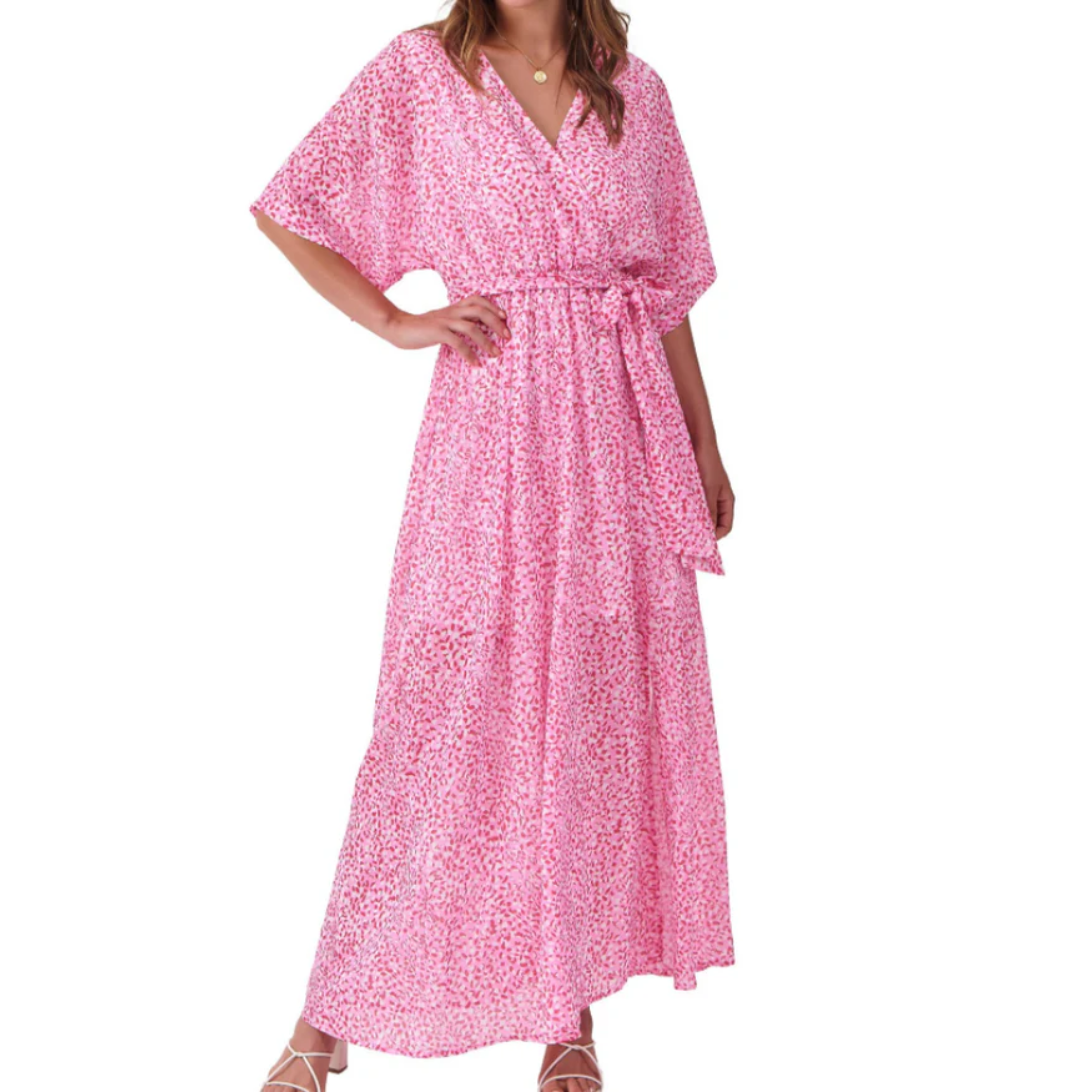 Maxi kimono kjole med blomster — boheme stil — sommerferie