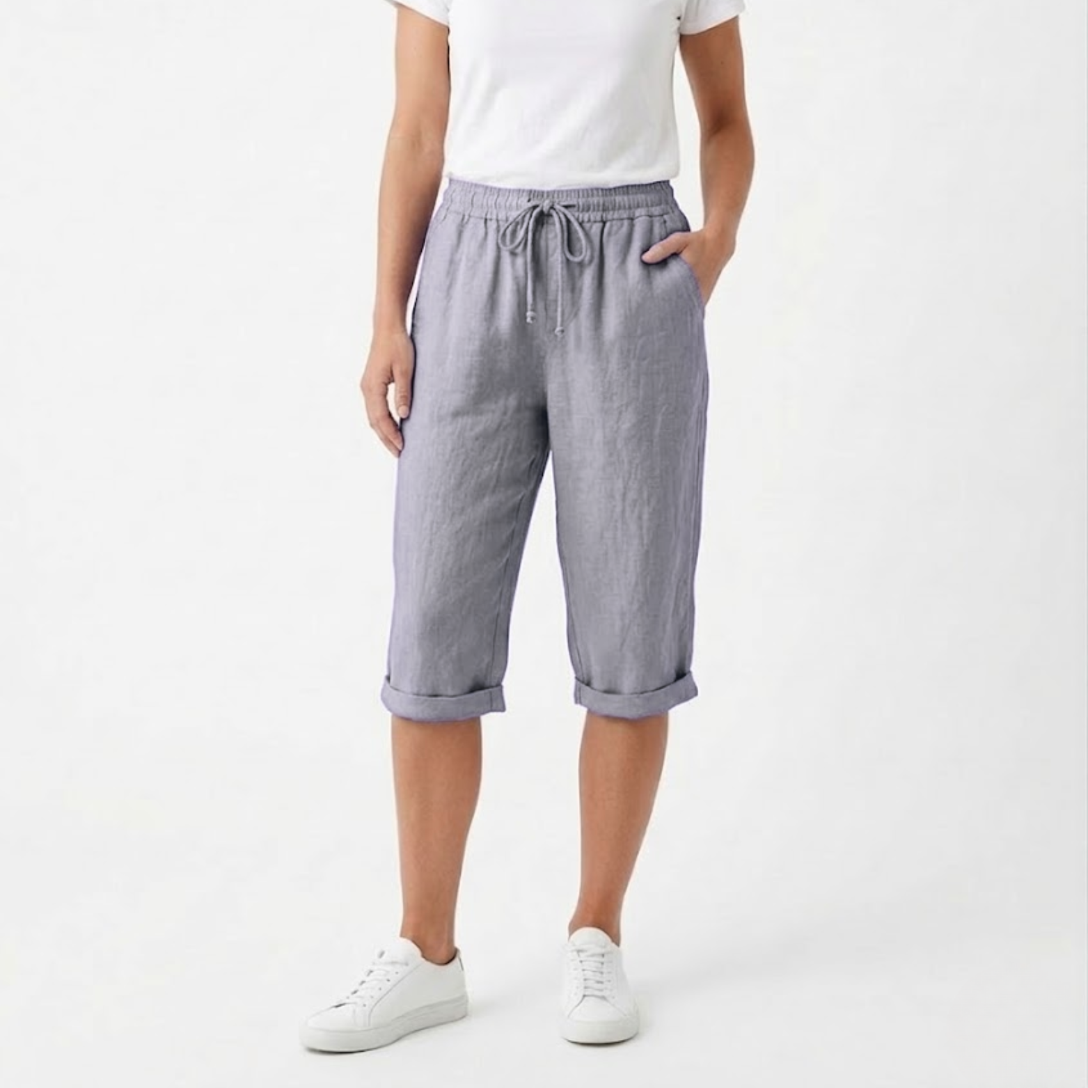 Pantaloni scurți din bumbac și in cu talie elastică și buzunare pentru femei