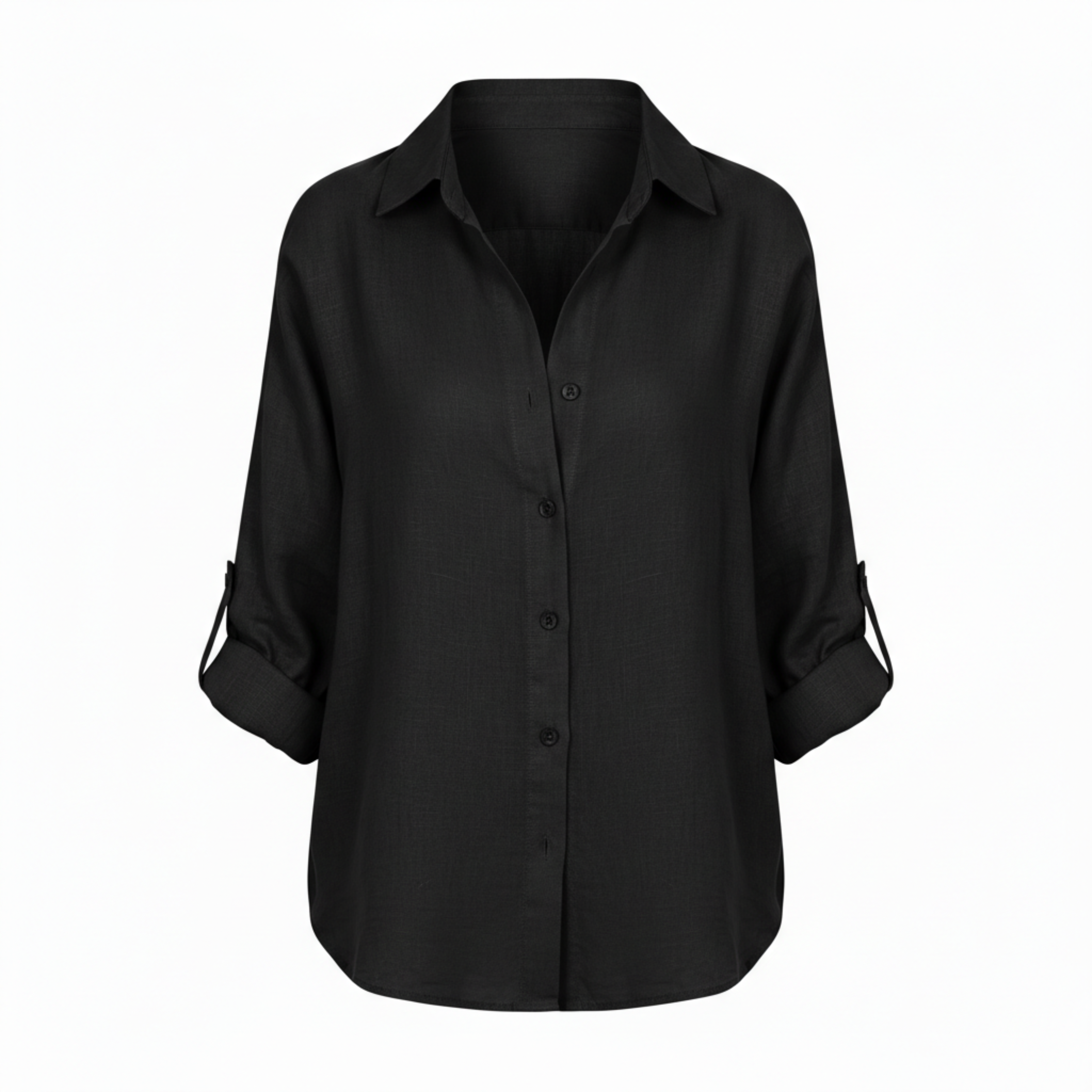 Loose casual button-up shirt for women with three-quarter sleeves and split neckline