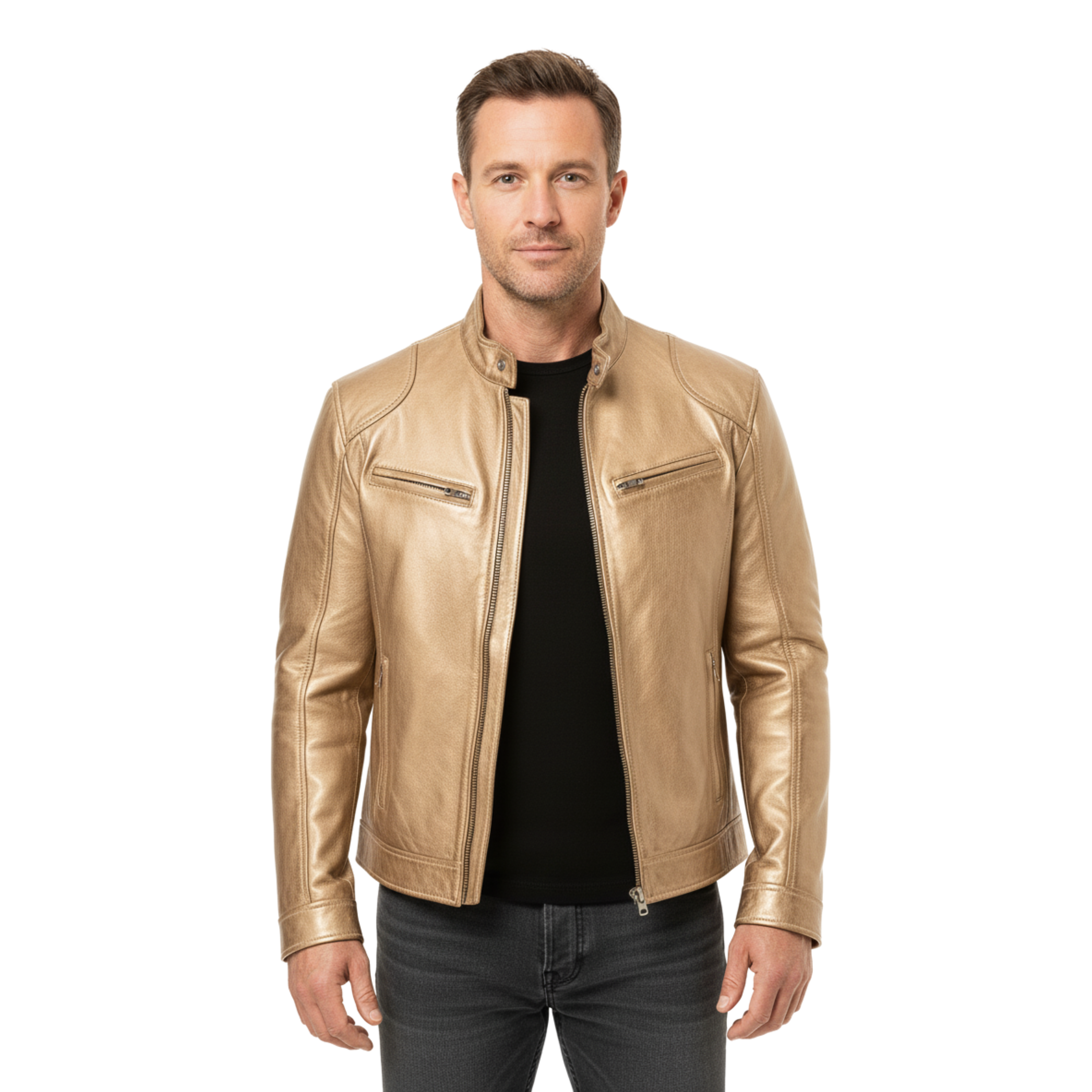 Herre lædervest med officerkrave og lynlåslommer, tætsiddende pasform