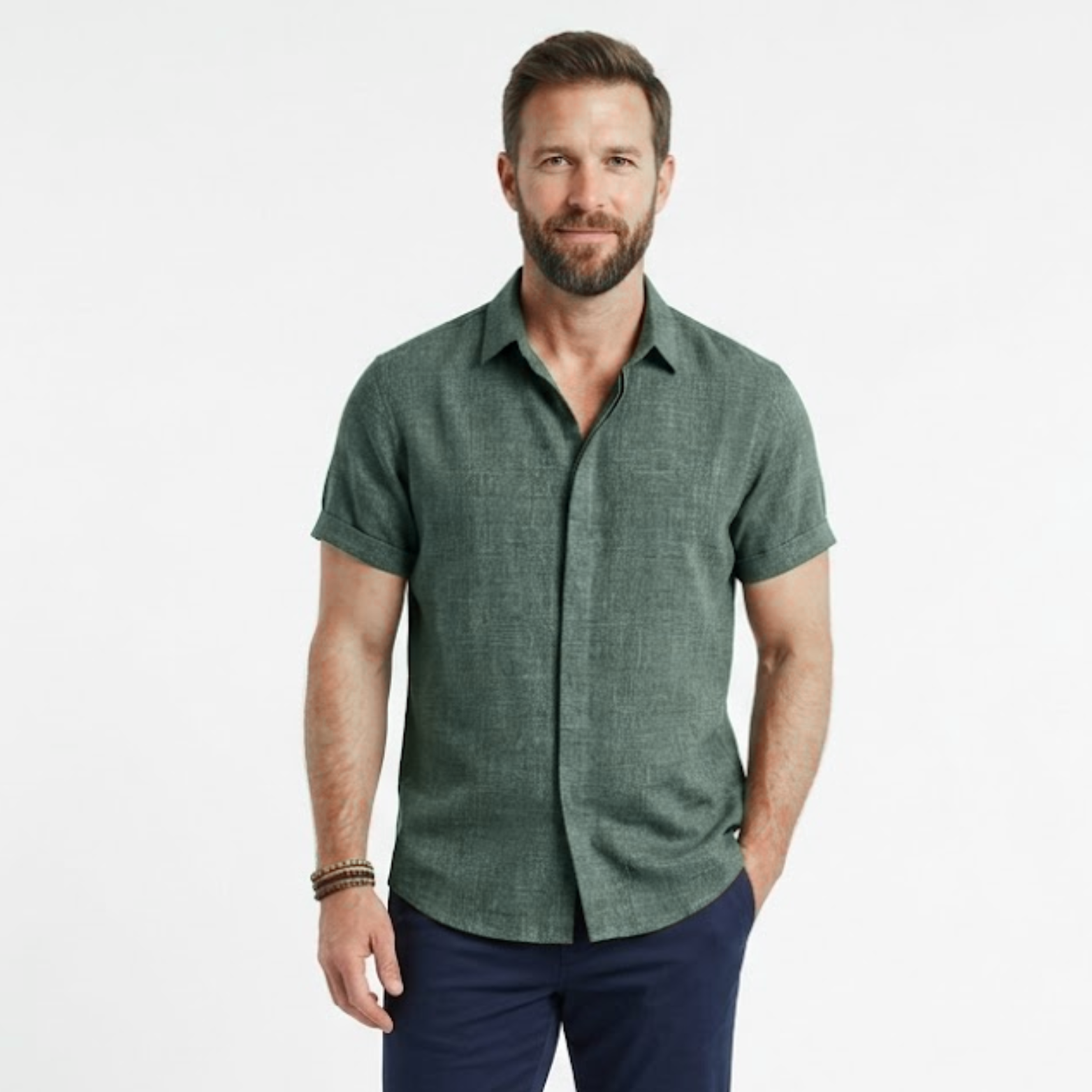 Chemise en Coton et Lin à Manches Courtes avec Col Rabattu pour Homme