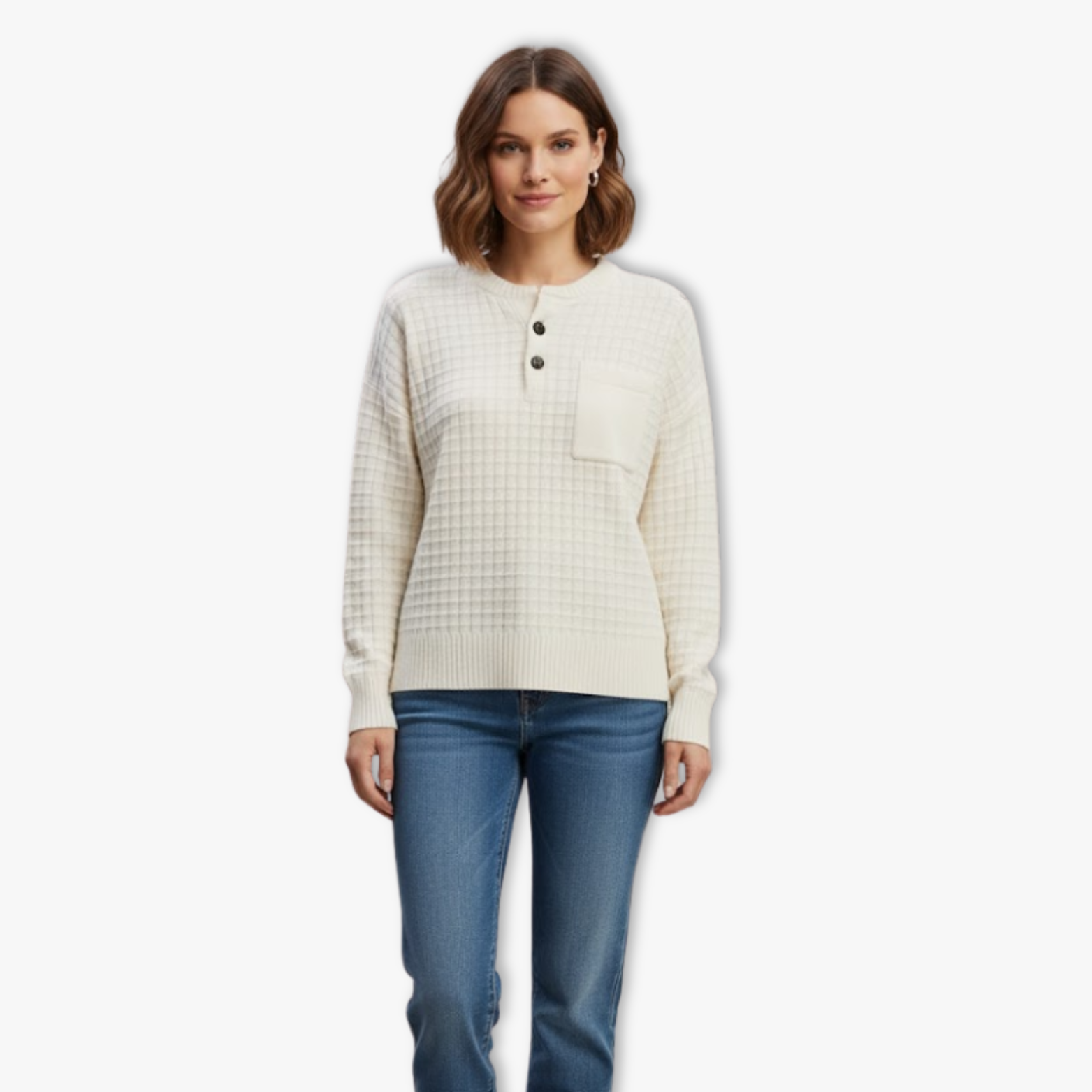 Pull gaufré femme col tunisien boutonné coupe droite silhouette épurée