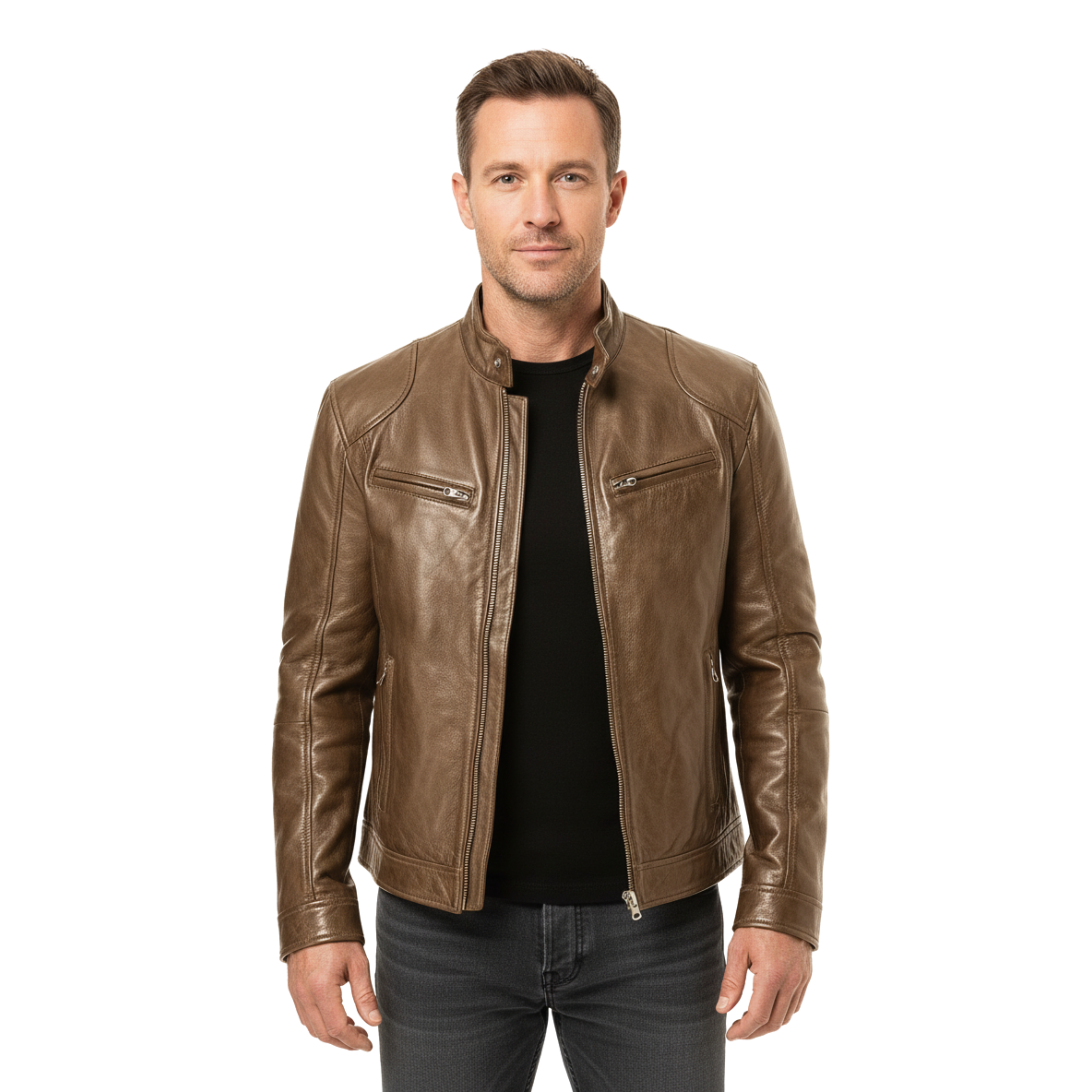 Veste en Cuir pour Homme avec Col Officier et Poches Zippées Coupe Ajustée