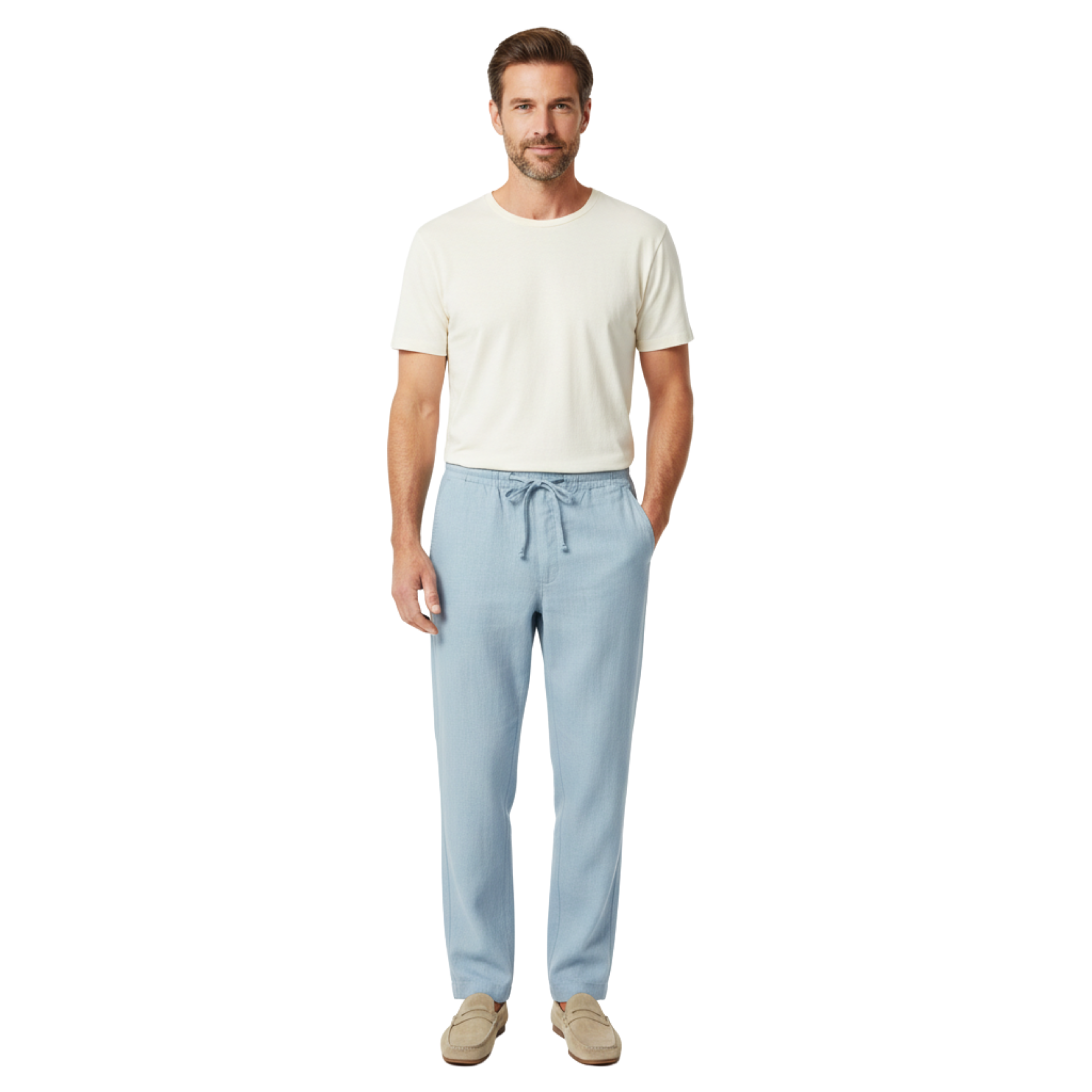 Pantalon pour hommes en coton et lin, jambes droites, taille élastique avec poches