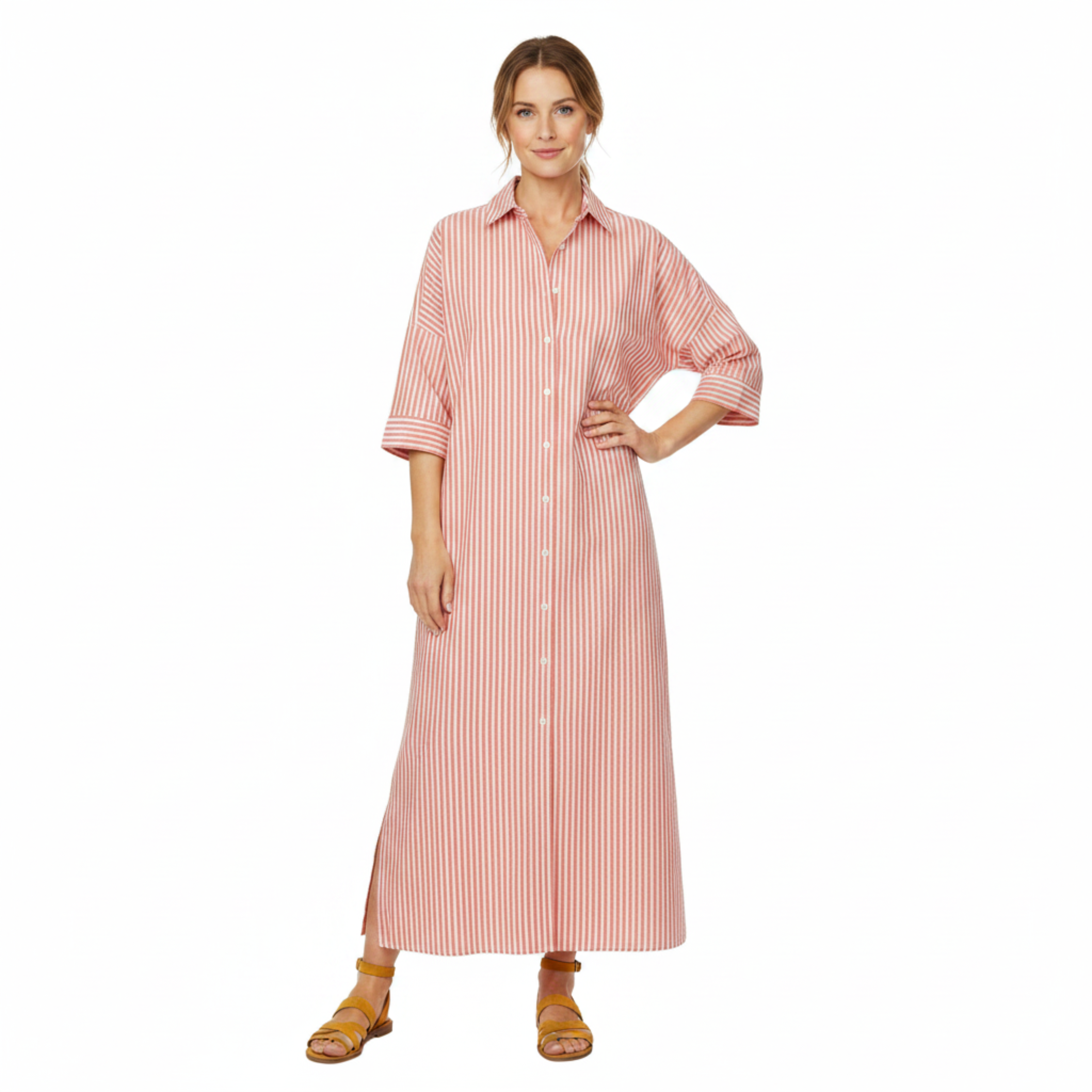 Vestito camicia a righe midi con colletto classico e maniche a tre quarti