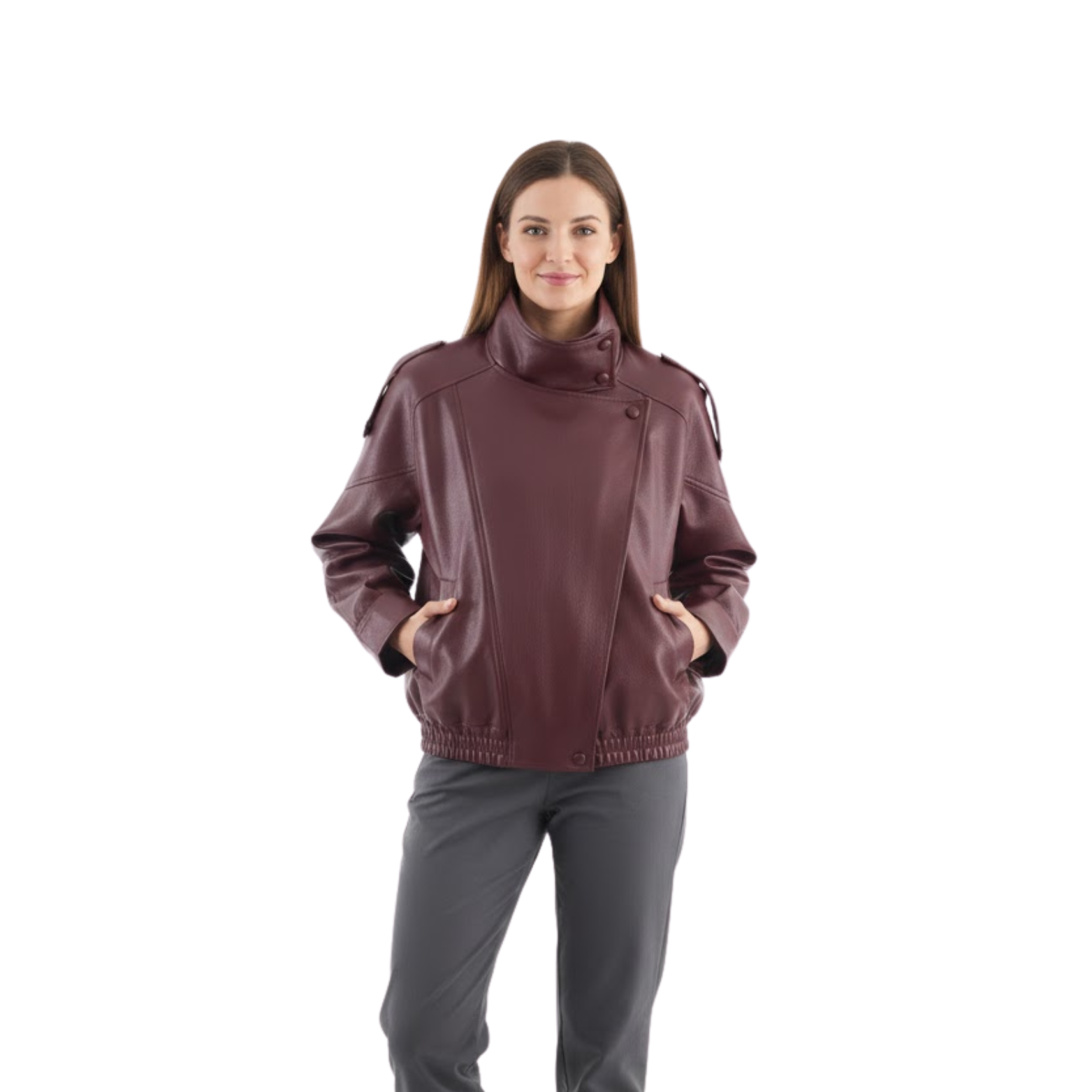 Women's Black Long Sleeve Grained Faux Leather Motorcycle Style Jacket