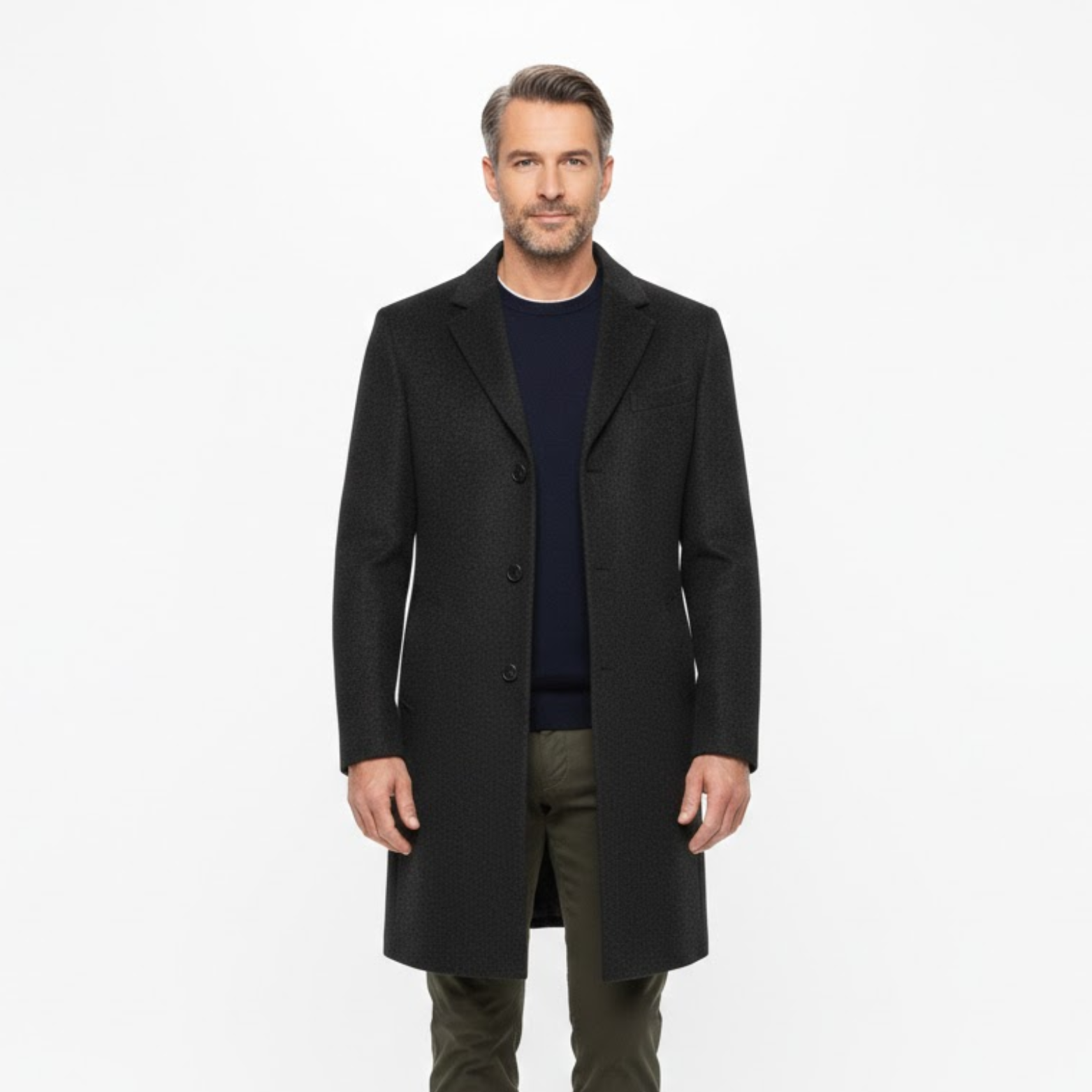 Manteau long homme col rabattu bouton unique coupe moderne ajustée