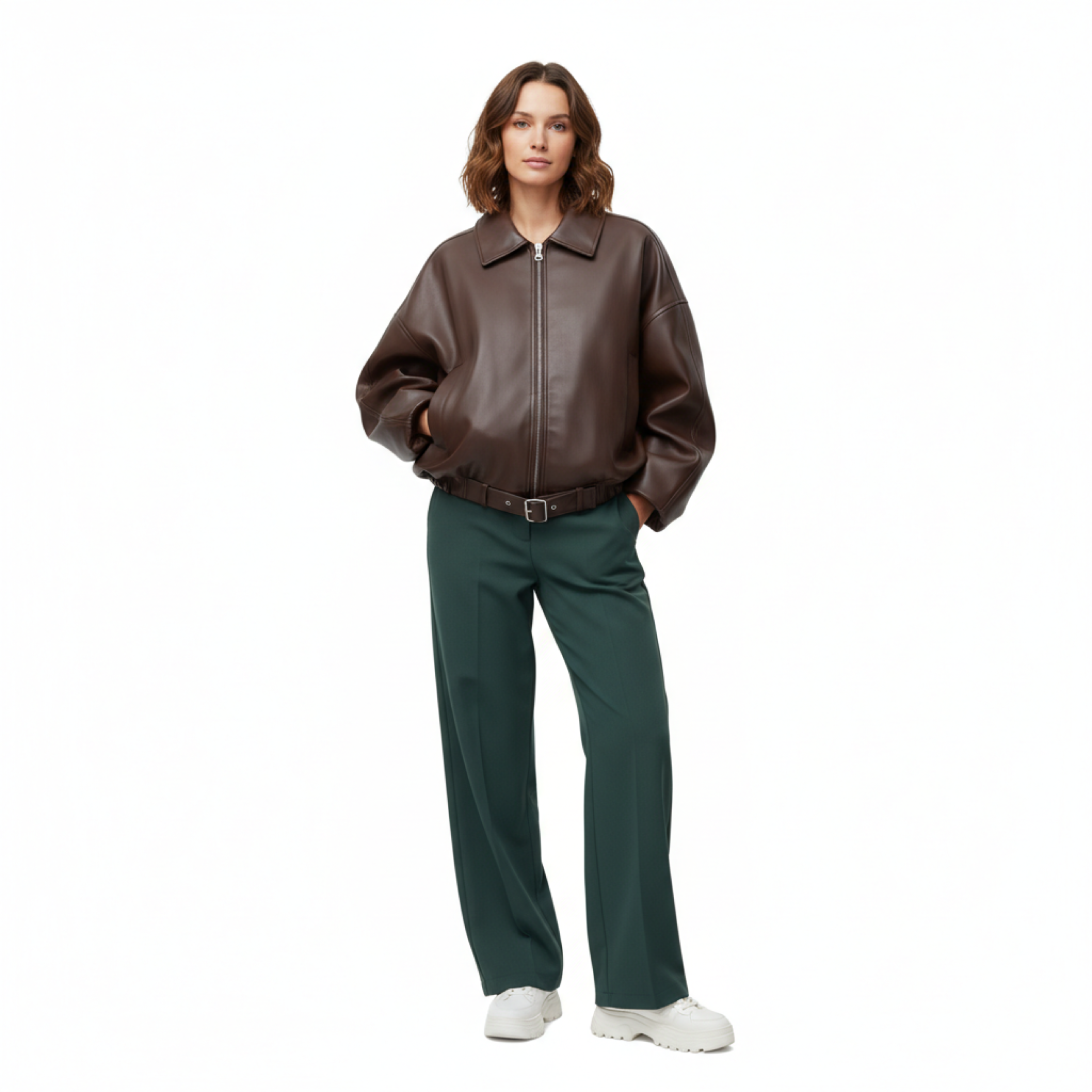 Blouson Bomber en Similicuir avec Ceinture et Col à Revers pour Femme
