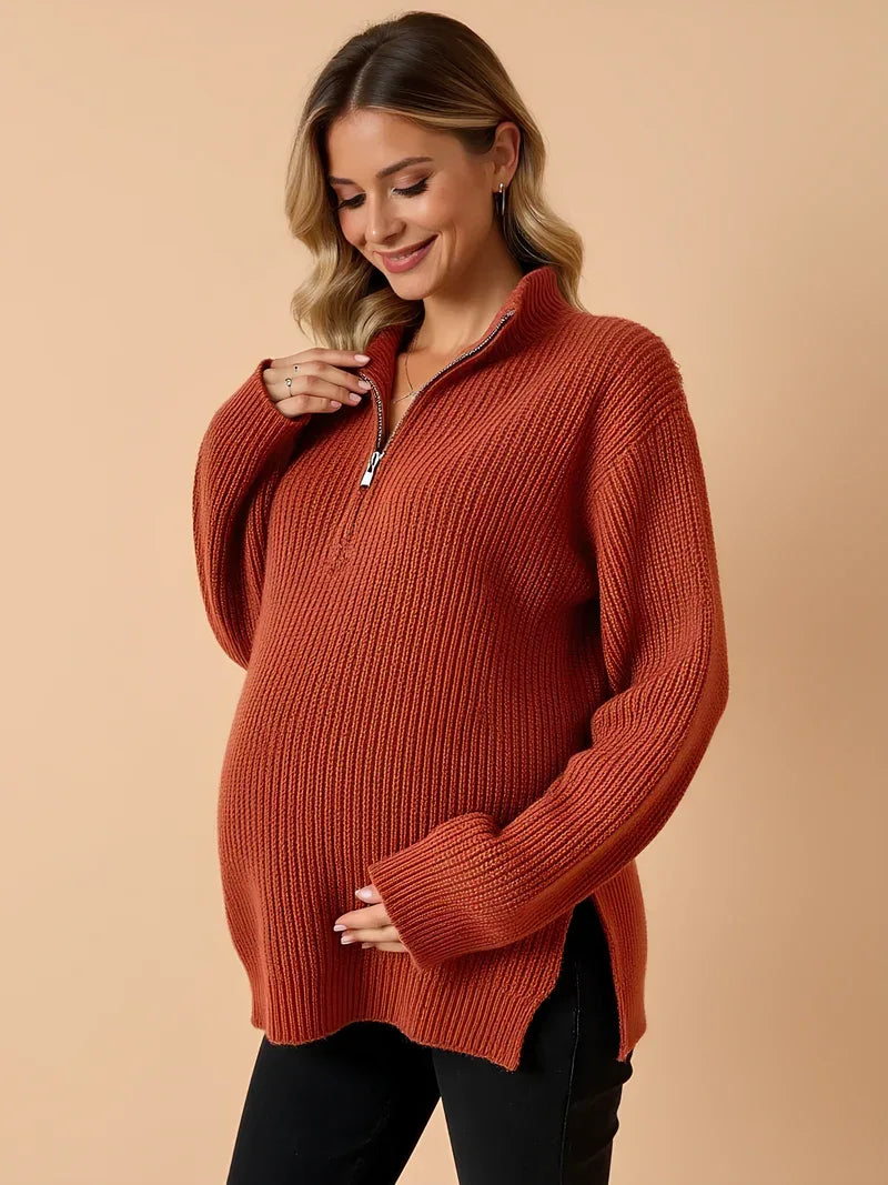 Rozpinany sweter ciążowy z wysokim kołnierzem