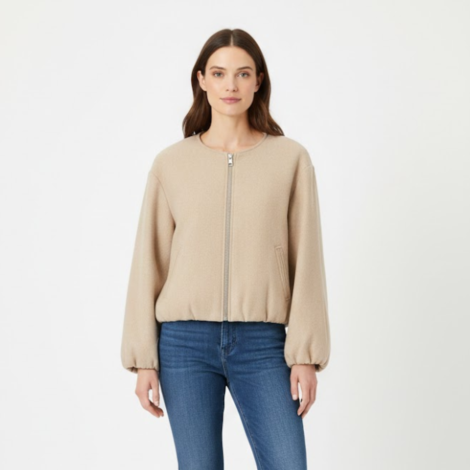 Veste bomber courte pour femme avec fermeture éclair et col rond décontractée